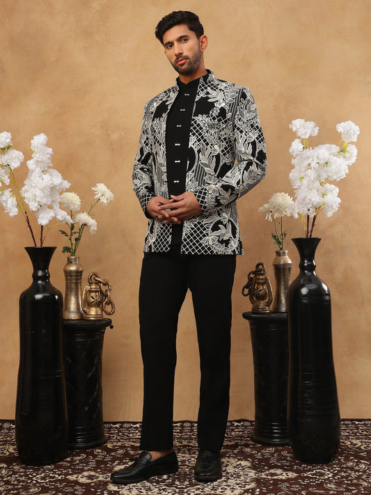 Men's Black & Silver Geometric Floral Indo-Western Set ( 50JIND 109 Off-White )