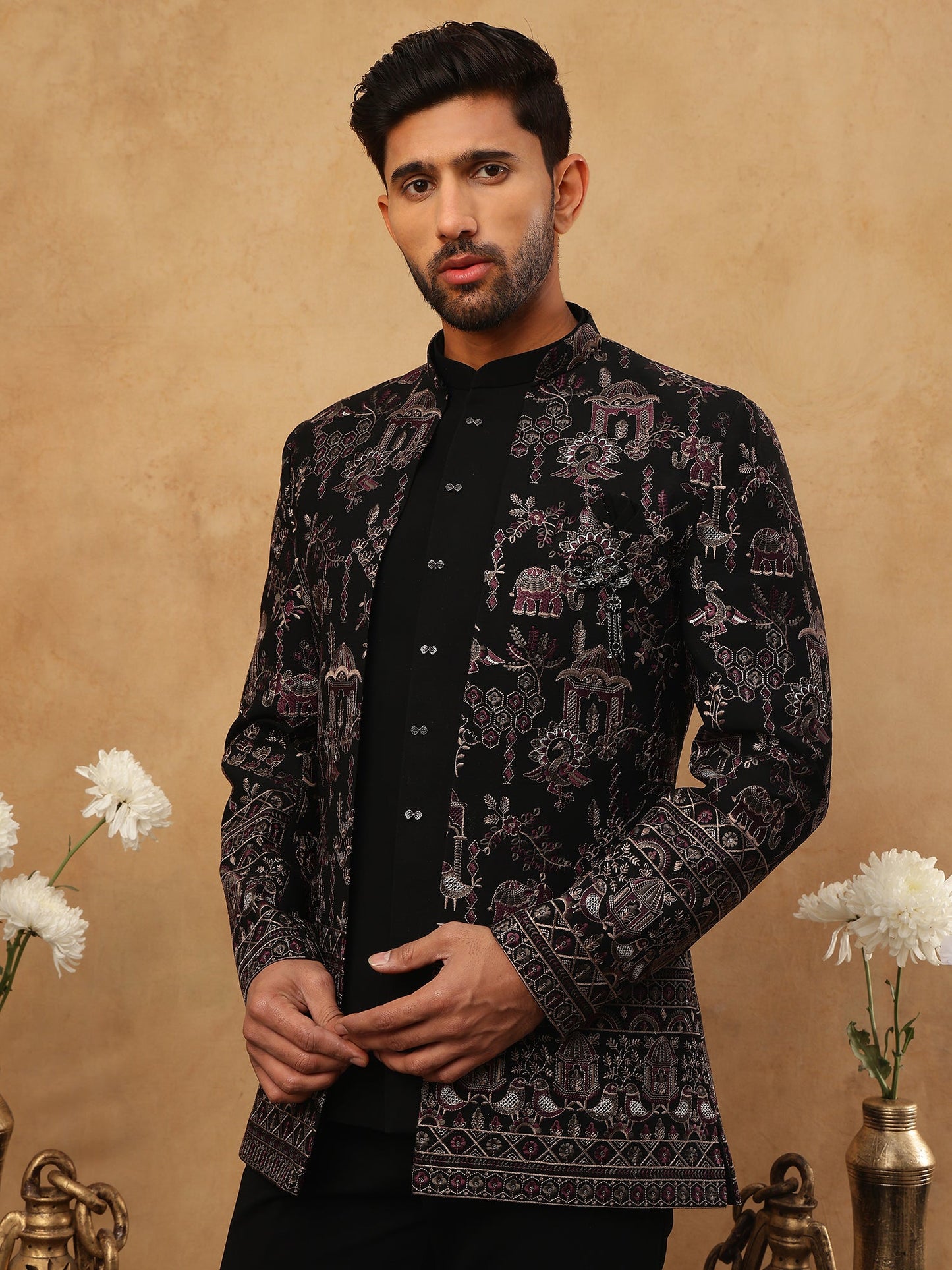 Men's Royal Heritage Elephant & Bird Embroidered Indo Western Set ( 50JIND 110 Purple )