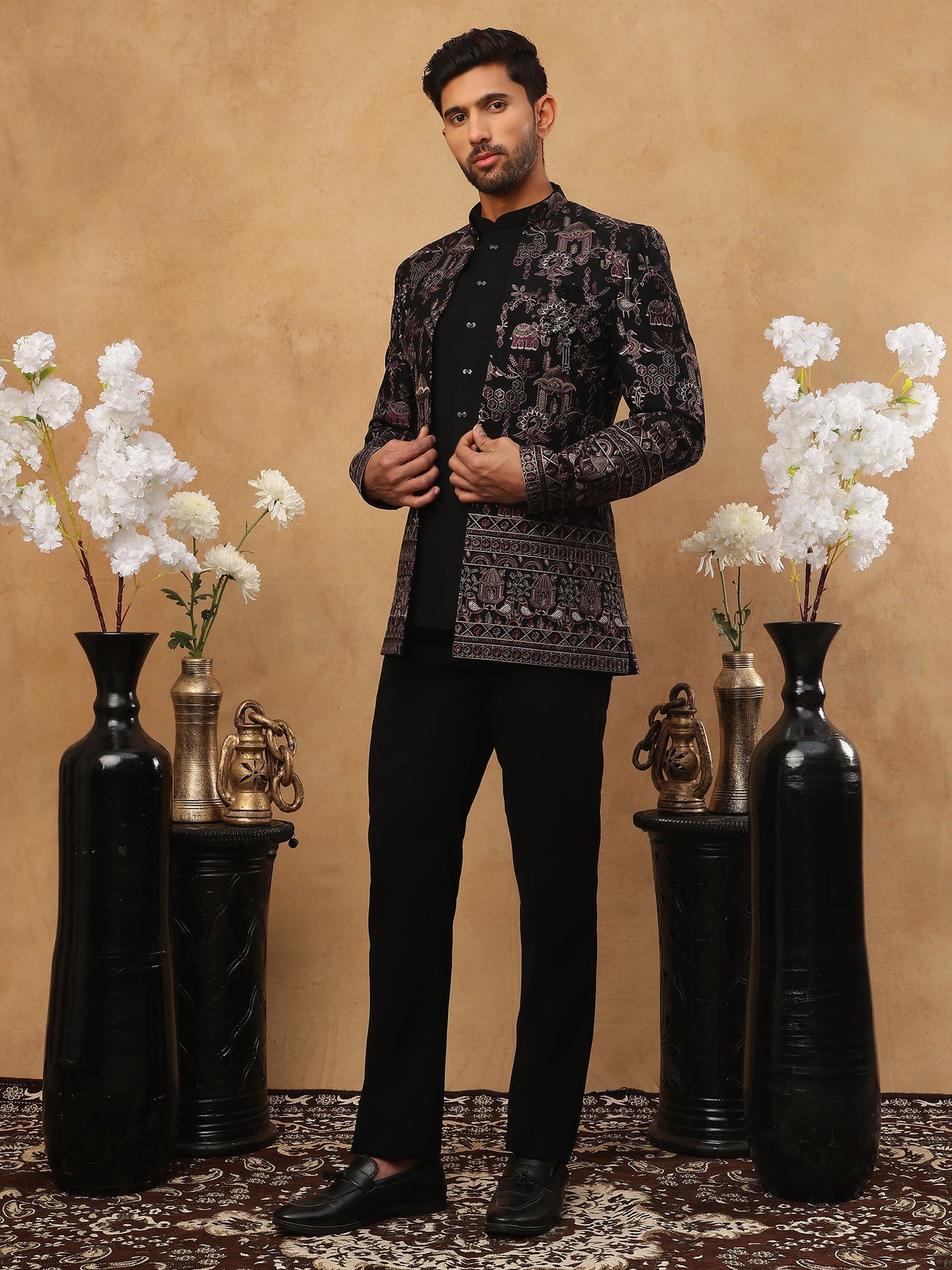 Men's Royal Heritage Elephant & Bird Embroidered Indo Western Set ( 50JIND 110 Purple )