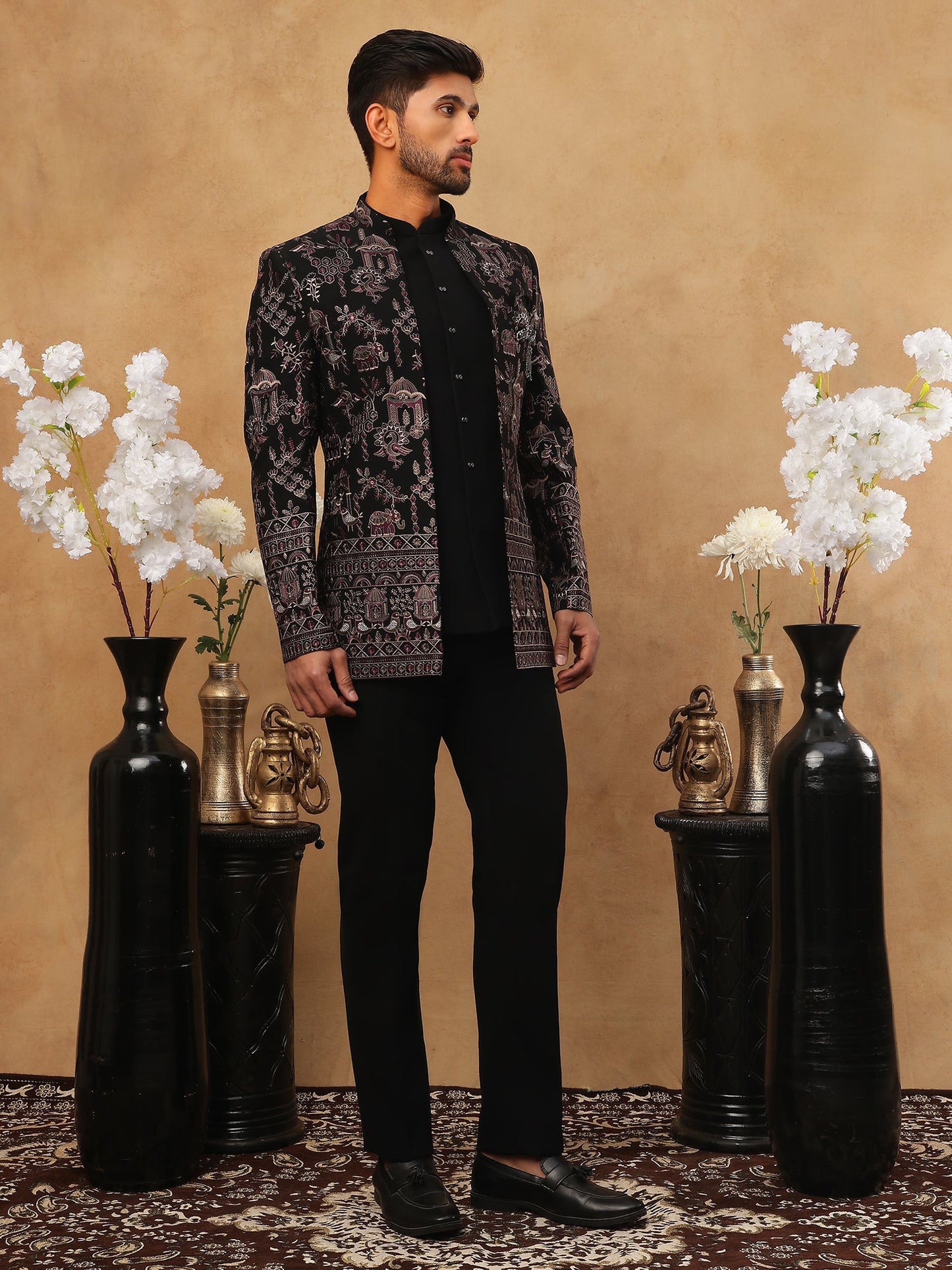 Men's Royal Heritage Elephant & Bird Embroidered Indo Western Set ( 50JIND 110 Purple )