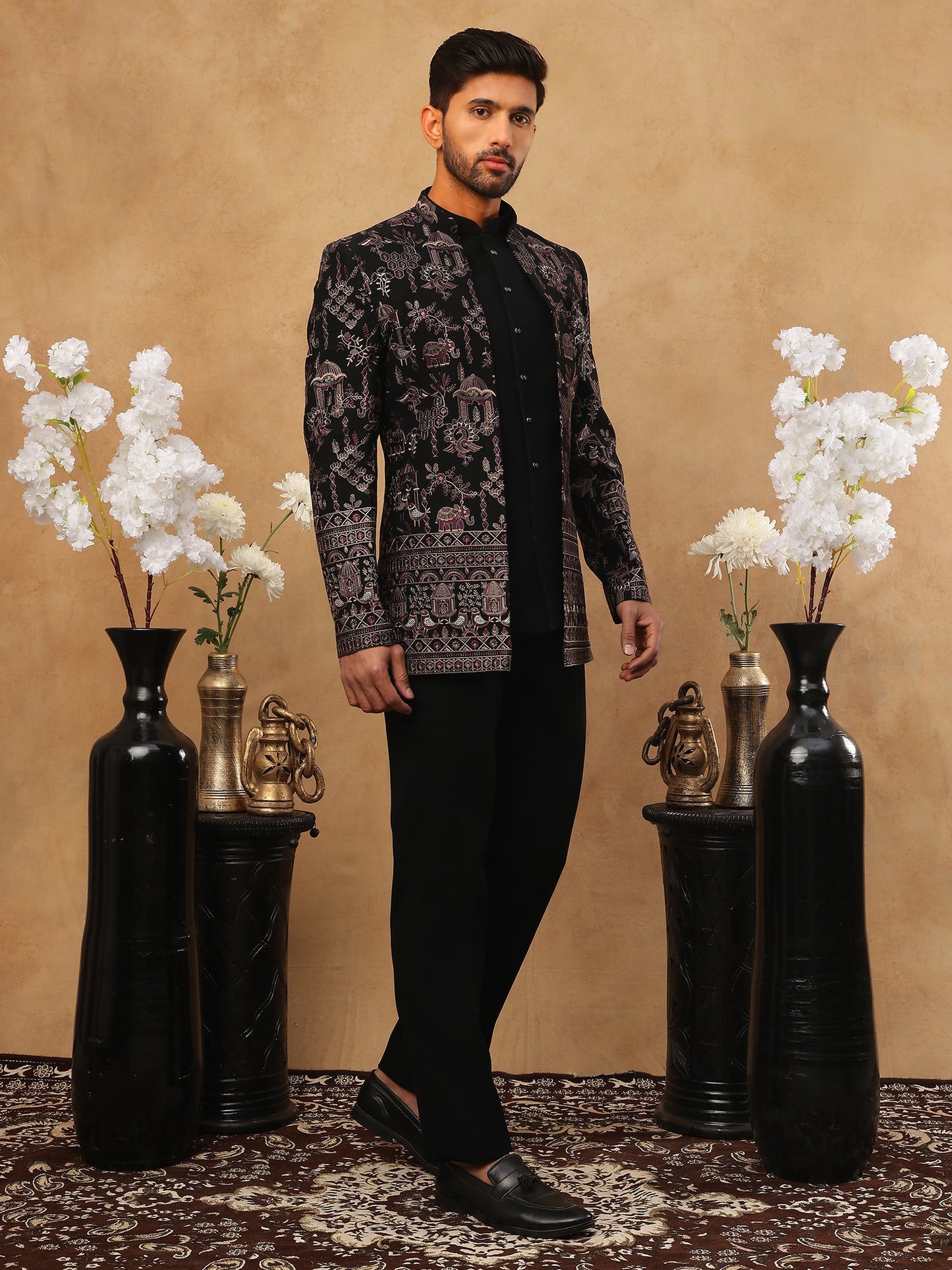 Men's Royal Heritage Elephant & Bird Embroidered Indo Western Set ( 50JIND 110 Purple )