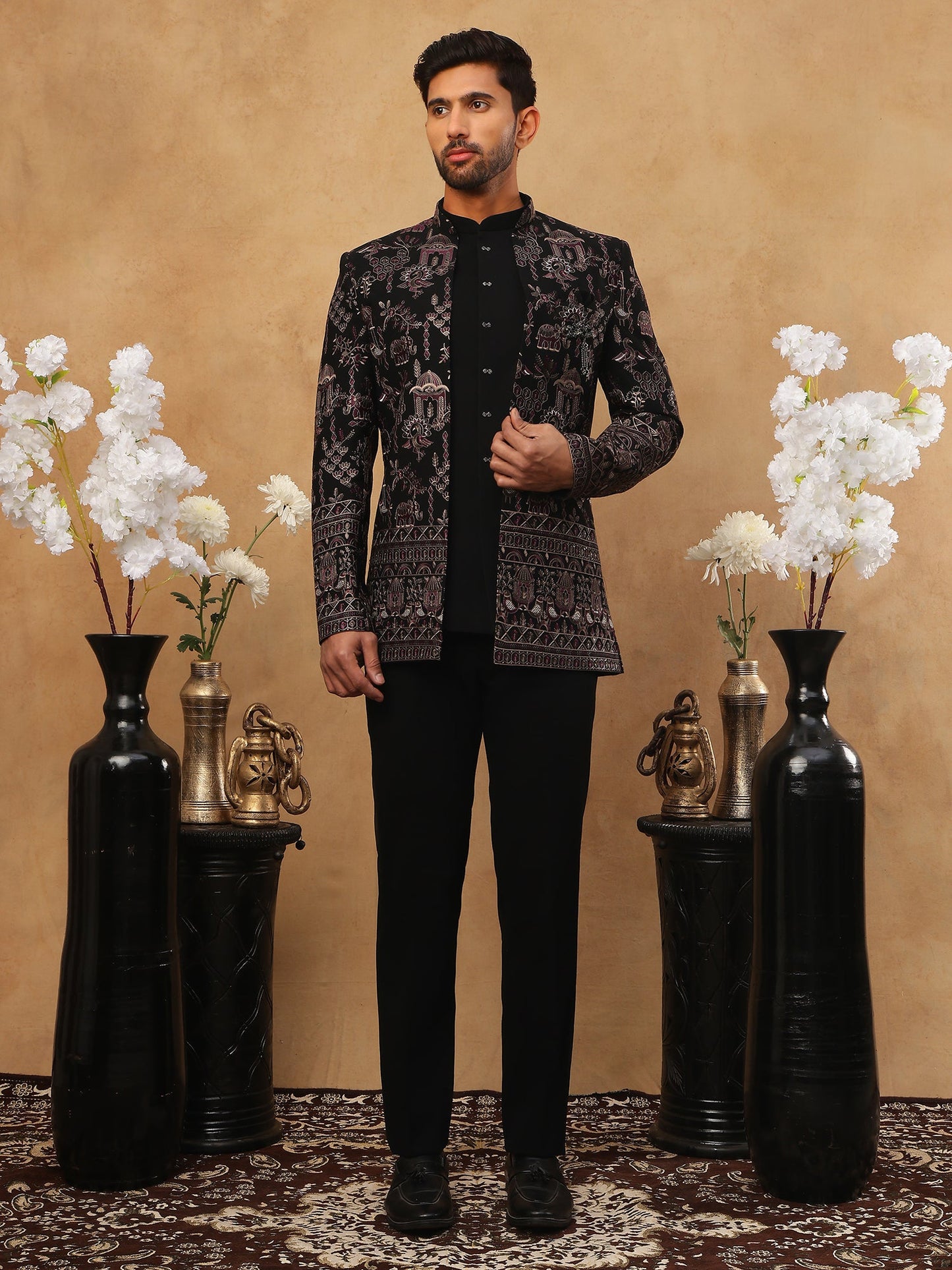 Men's Royal Heritage Elephant & Bird Embroidered Indo Western Set ( 50JIND 110 Purple )