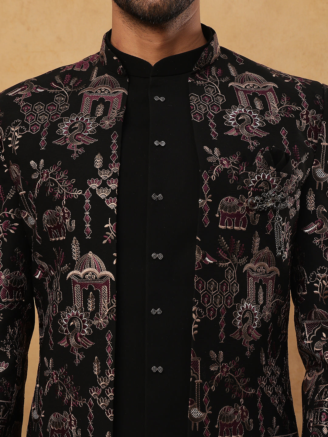 Men's Royal Heritage Elephant & Bird Embroidered Indo Western Set ( 50JIND 110 Purple )