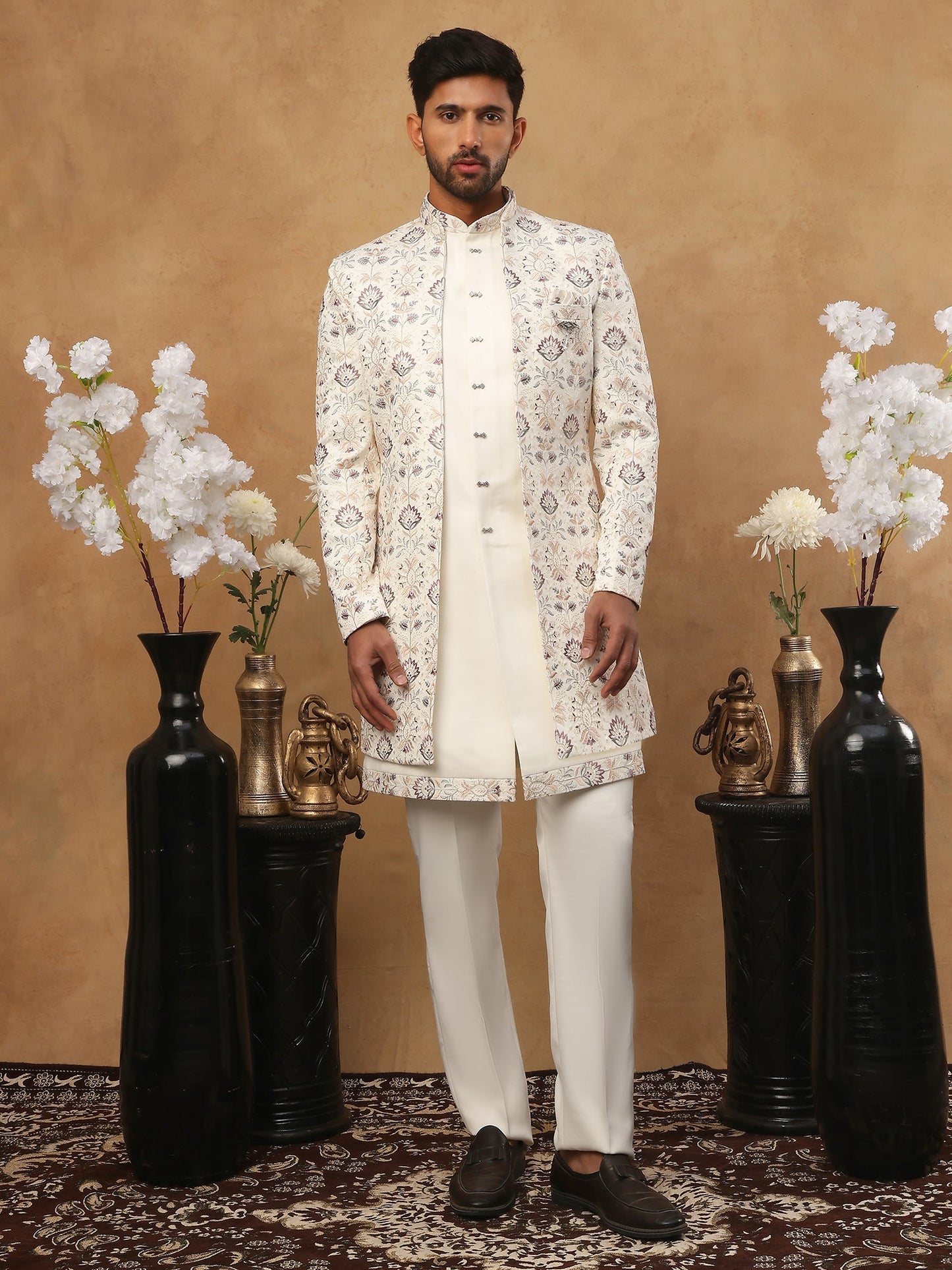 Men's Cream Multi-Color Floral Embroidered Indo Western Set ( 50JIND 111 Cream )