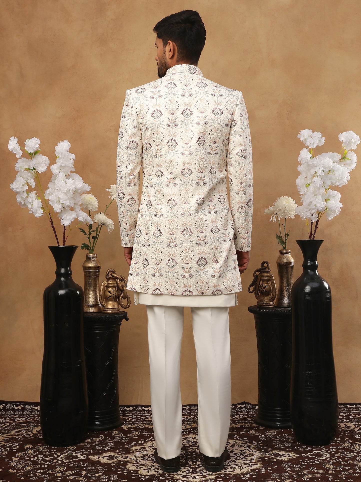 Men's Cream Multi-Color Floral Embroidered Indo Western Set ( 50JIND 111 Cream )