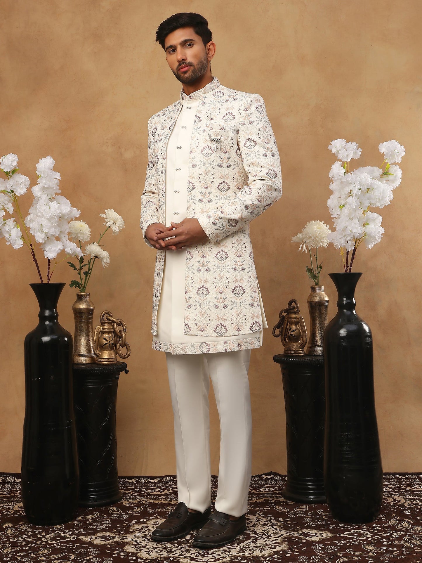 Men's Cream Multi-Color Floral Embroidered Indo Western Set ( 50JIND 111 Cream )