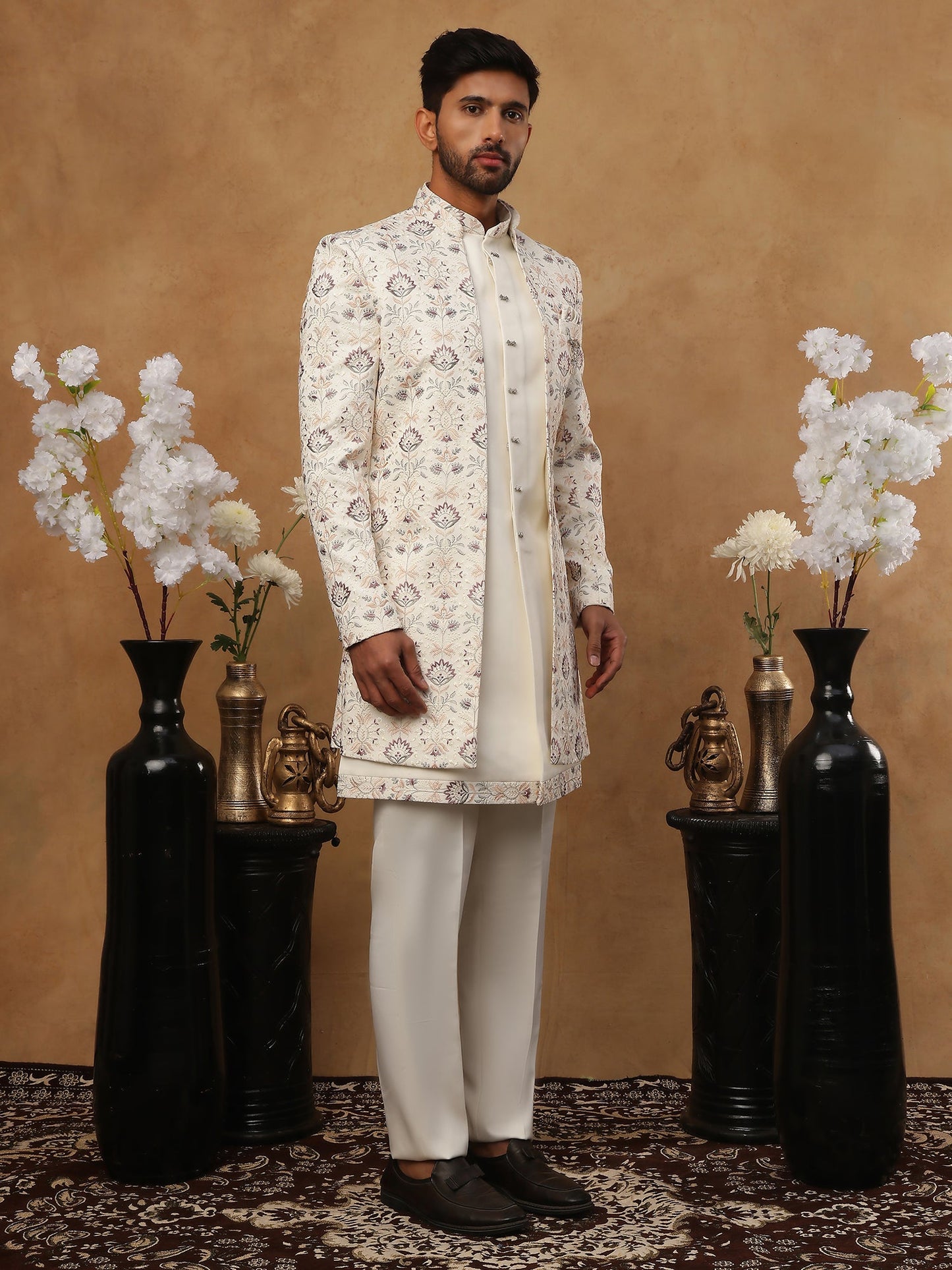 Men's Cream Multi-Color Floral Embroidered Indo Western Set ( 50JIND 111 Cream )