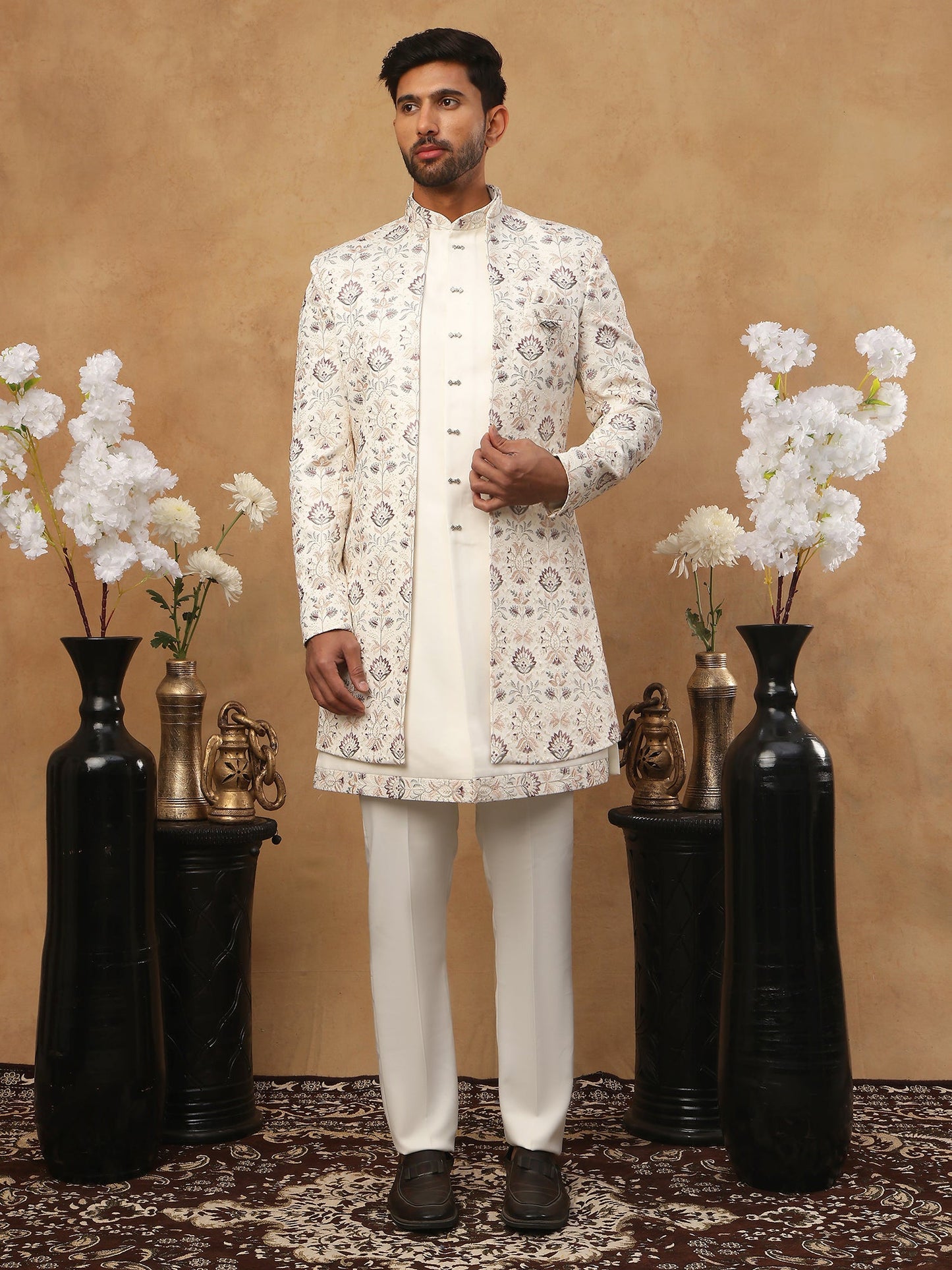 Men's Cream Multi-Color Floral Embroidered Indo Western Set ( 50JIND 111 Cream )