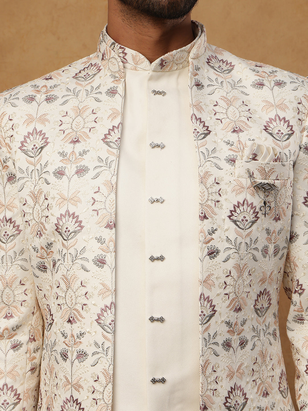 Men's Cream Multi-Color Floral Embroidered Indo Western Set ( 50JIND 111 Cream )