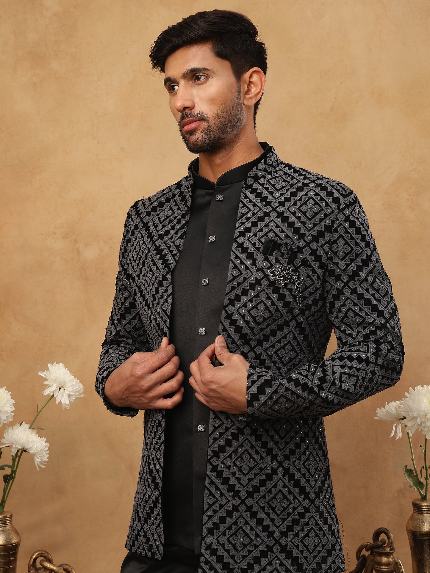 Men's Charcoal Grey Geometric Embroidered Indo-Western Set ( 50JIND 113 Grey )