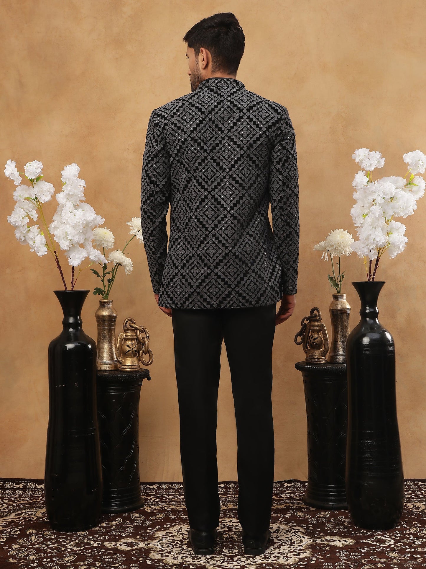 Men's Charcoal Grey Geometric Embroidered Indo-Western Set ( 50JIND 113 Grey )