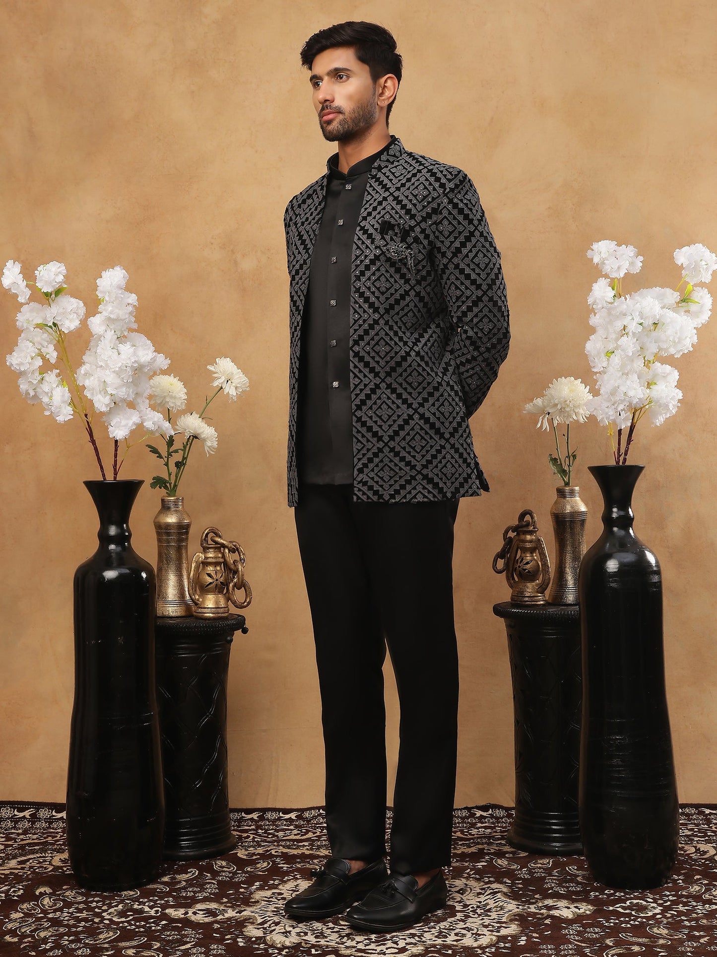 Men's Charcoal Grey Geometric Embroidered Indo-Western Set ( 50JIND 113 Grey )