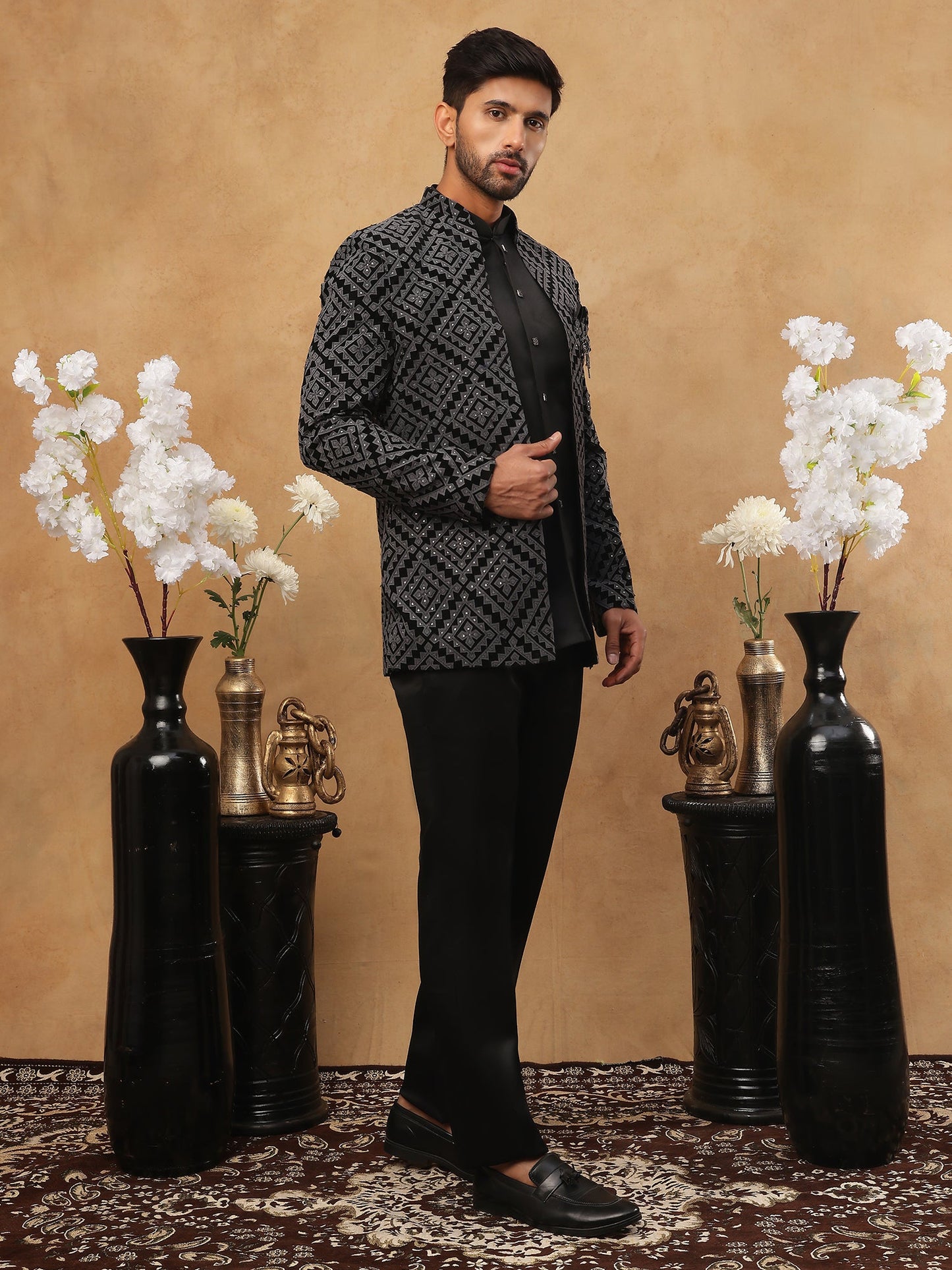 Men's Charcoal Grey Geometric Embroidered Indo-Western Set ( 50JIND 113 Grey )