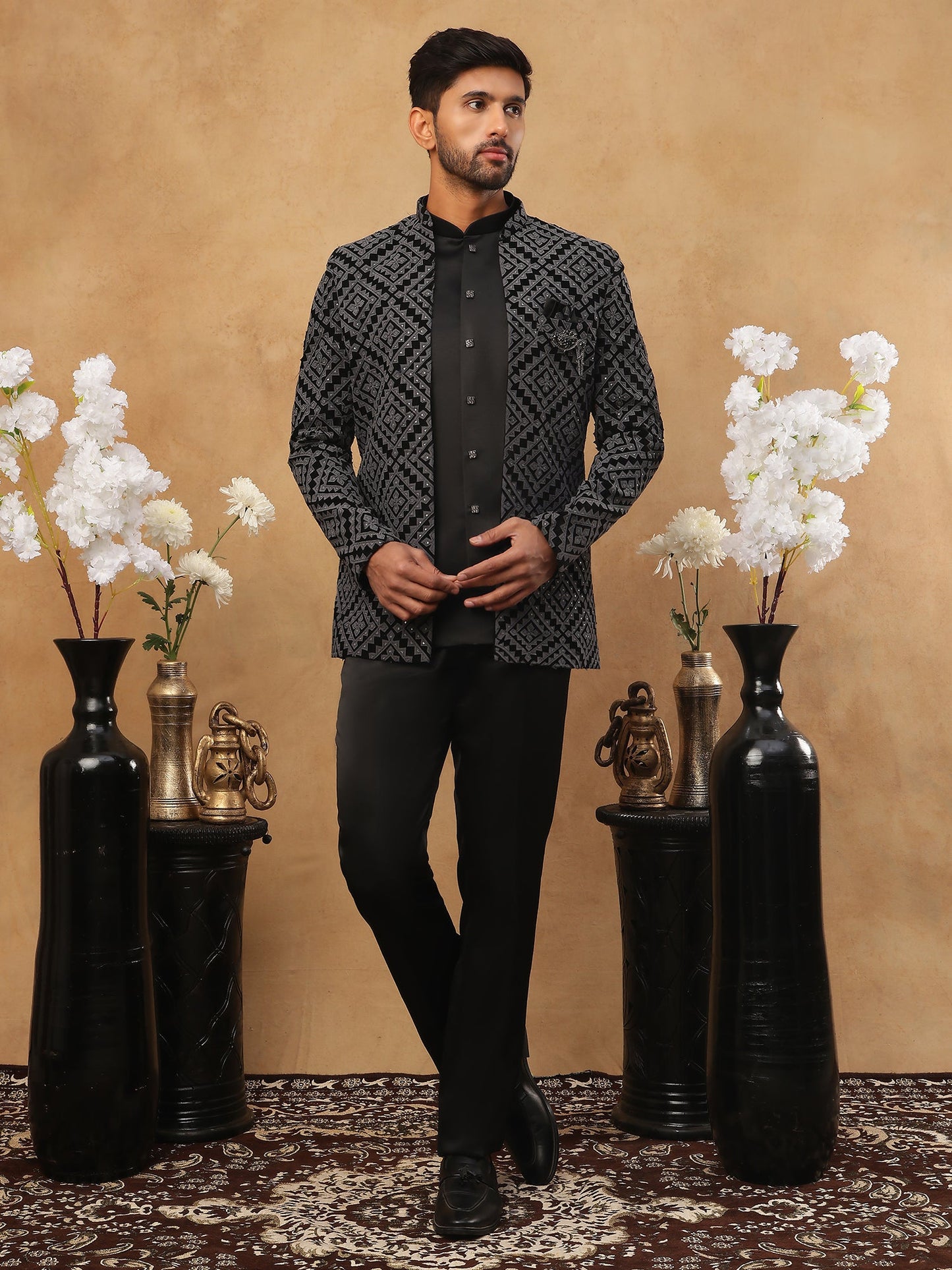 Men's Charcoal Grey Geometric Embroidered Indo-Western Set ( 50JIND 113 Grey )