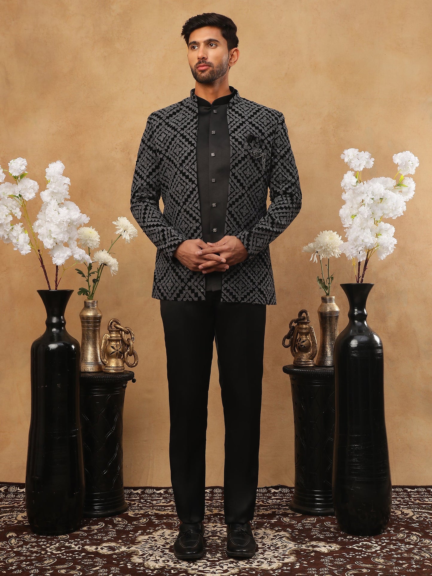 Men's Charcoal Grey Geometric Embroidered Indo-Western Set ( 50JIND 113 Grey )
