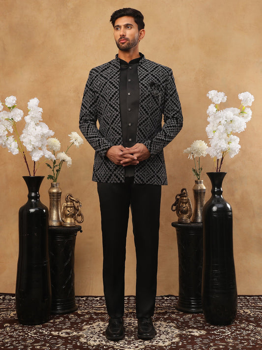Men's Charcoal Grey Geometric Embroidered Indo-Western Set ( 50JIND 113 Grey )