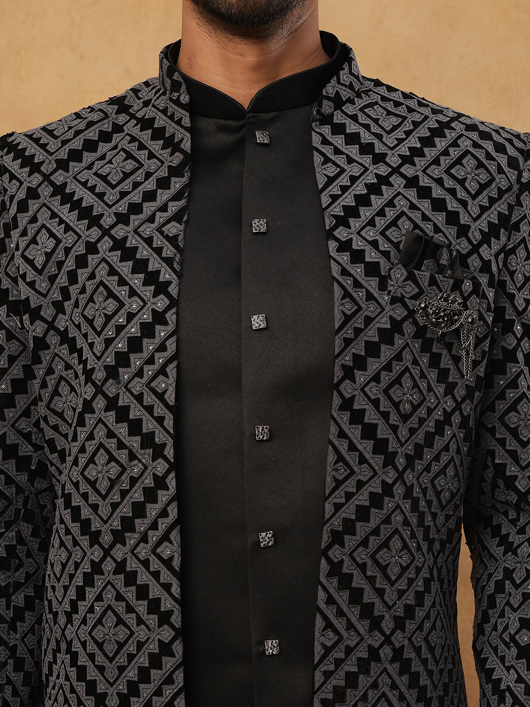 Men's Charcoal Grey Geometric Embroidered Indo-Western Set ( 50JIND 113 Grey )