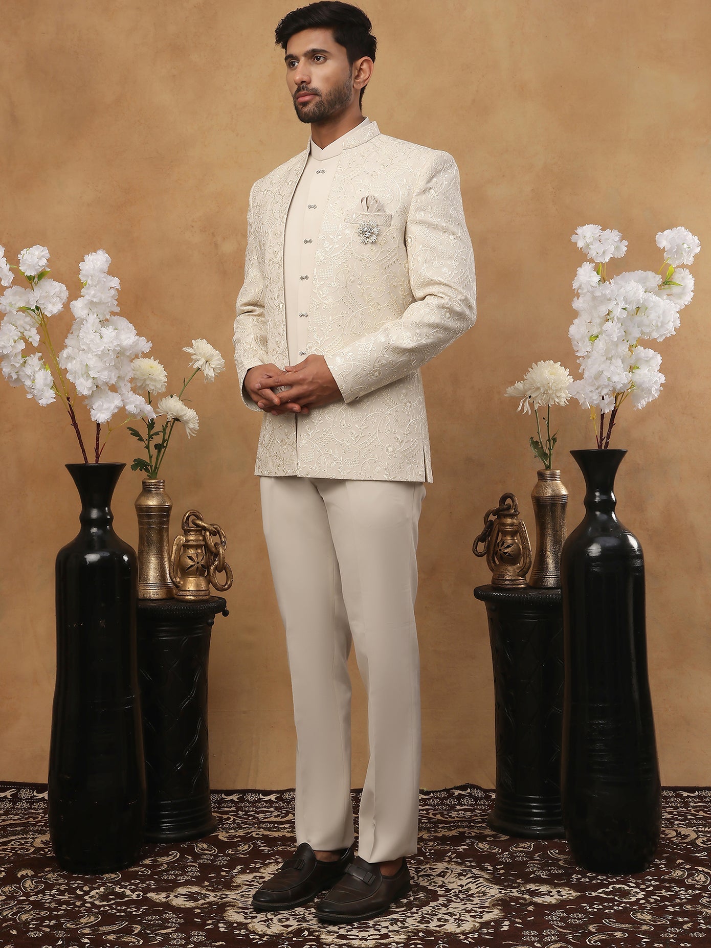 Men’s Embroidered Indo-Western Set ( 50JIIND 114Cream )
