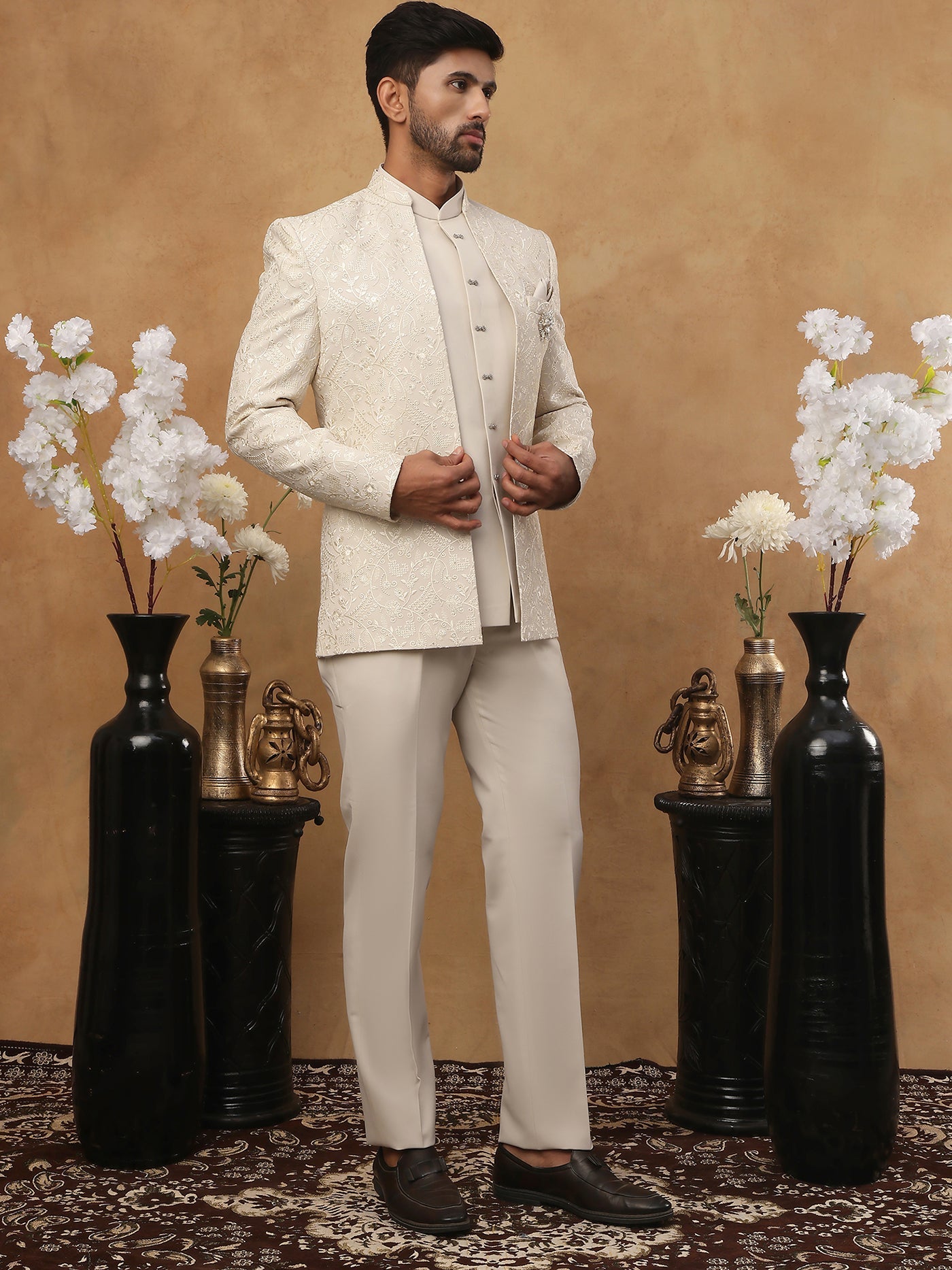 Men’s Embroidered Indo-Western Set ( 50JIIND 114Cream )