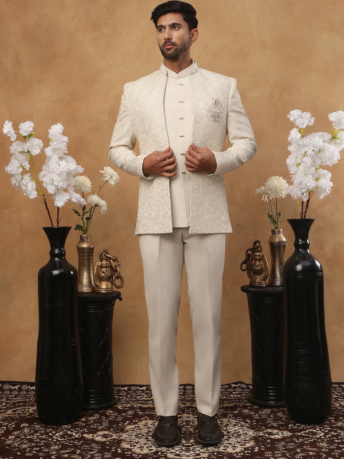 Men’s Embroidered Indo-Western Set ( 50JIIND 114Cream )