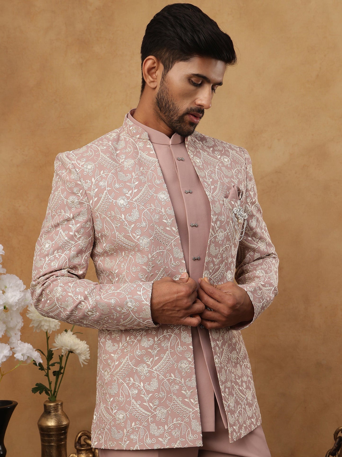 Men's Dusty Pink & Silver Embroidered Indo-Western Set ( 50JIND 114 Magenta )