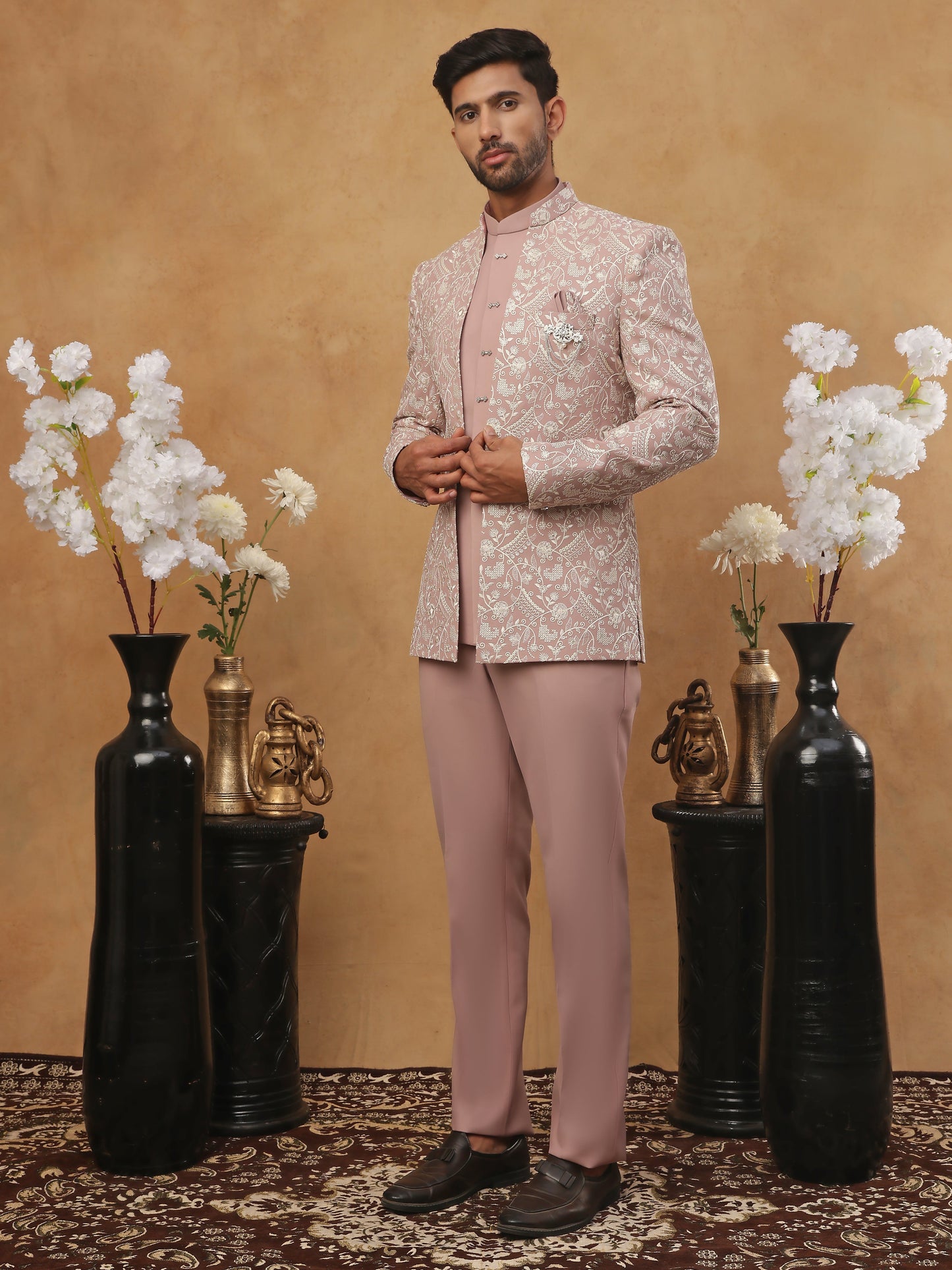 Men's Dusty Pink & Silver Embroidered Indo-Western Set ( 50JIND 114 Magenta )