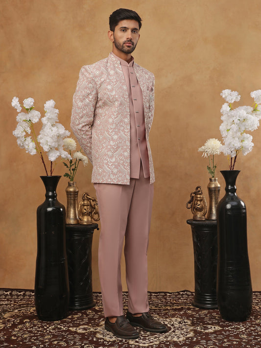 Men's Dusty Pink & Silver Embroidered Indo-Western Set ( 50JIND 114 Magenta )