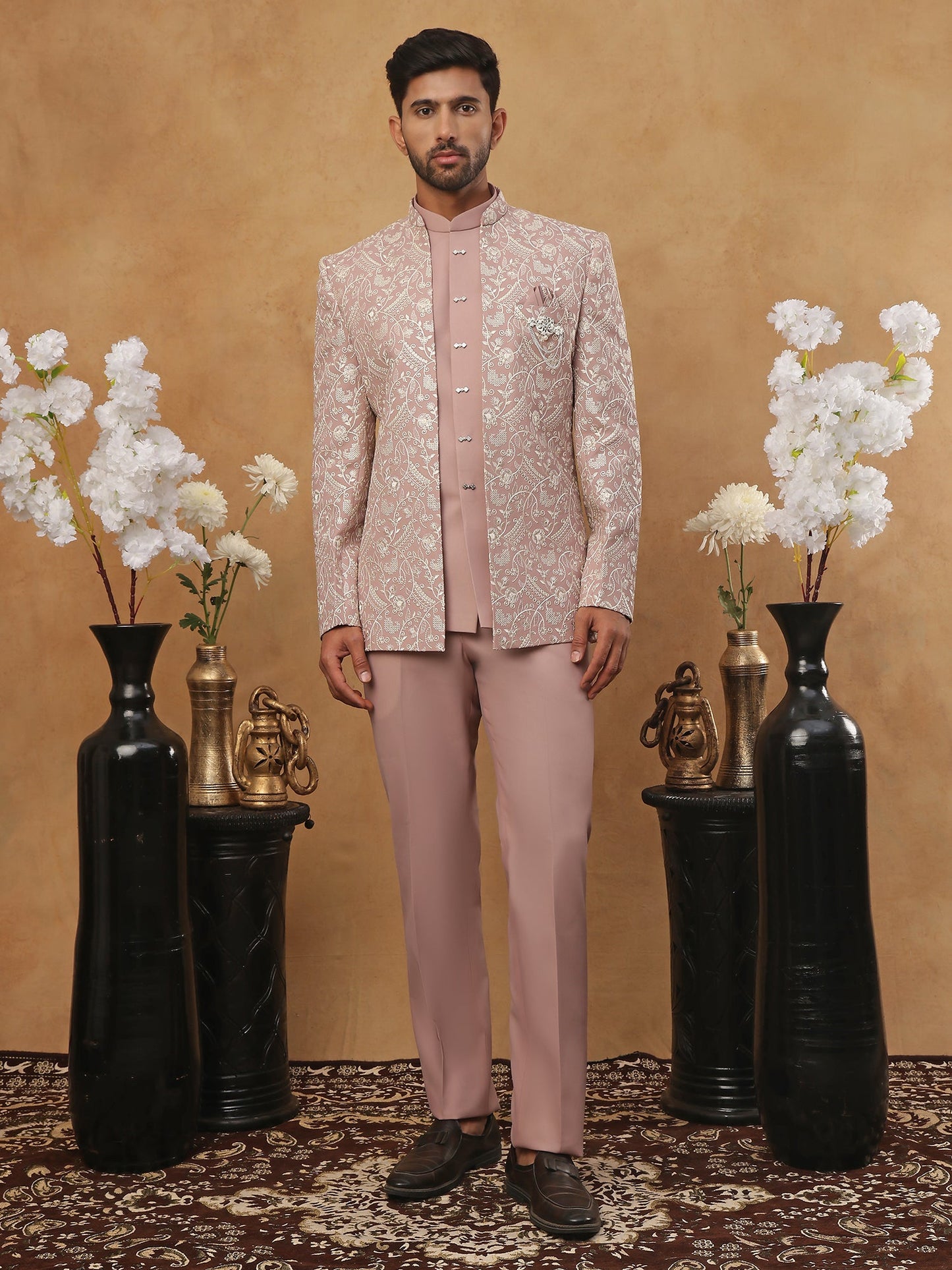 Men's Dusty Pink & Silver Embroidered Indo-Western Set ( 50JIND 114 Magenta )