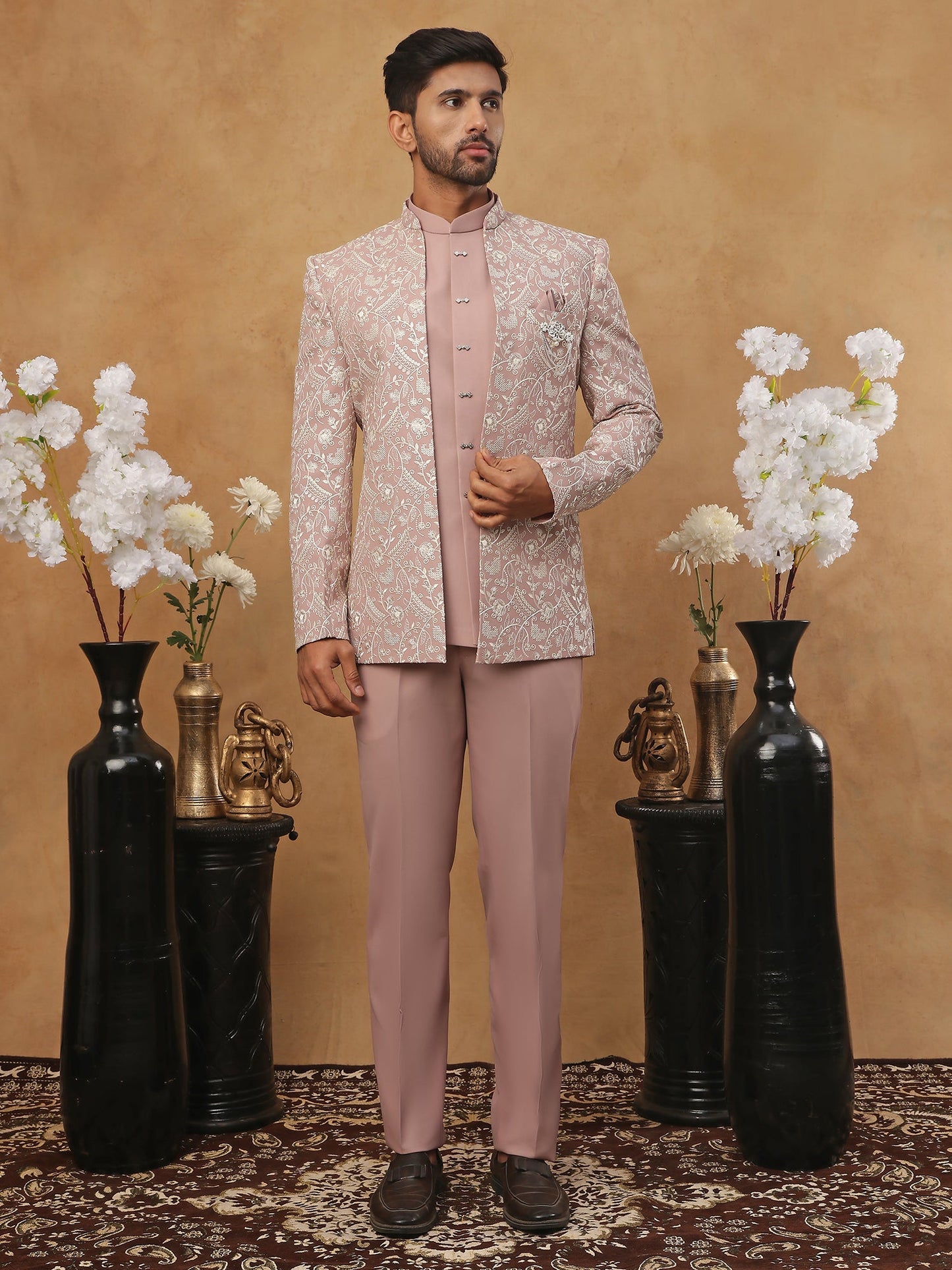 Men's Dusty Pink & Silver Embroidered Indo-Western Set ( 50JIND 114 Magenta )