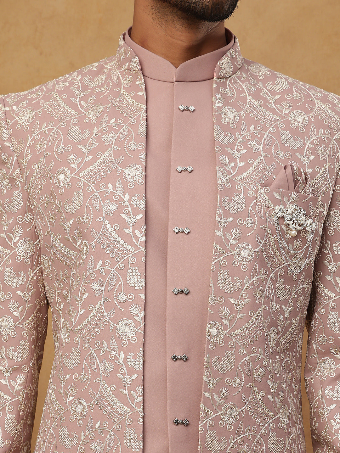Men's Dusty Pink & Silver Embroidered Indo-Western Set ( 50JIND 114 Magenta )
