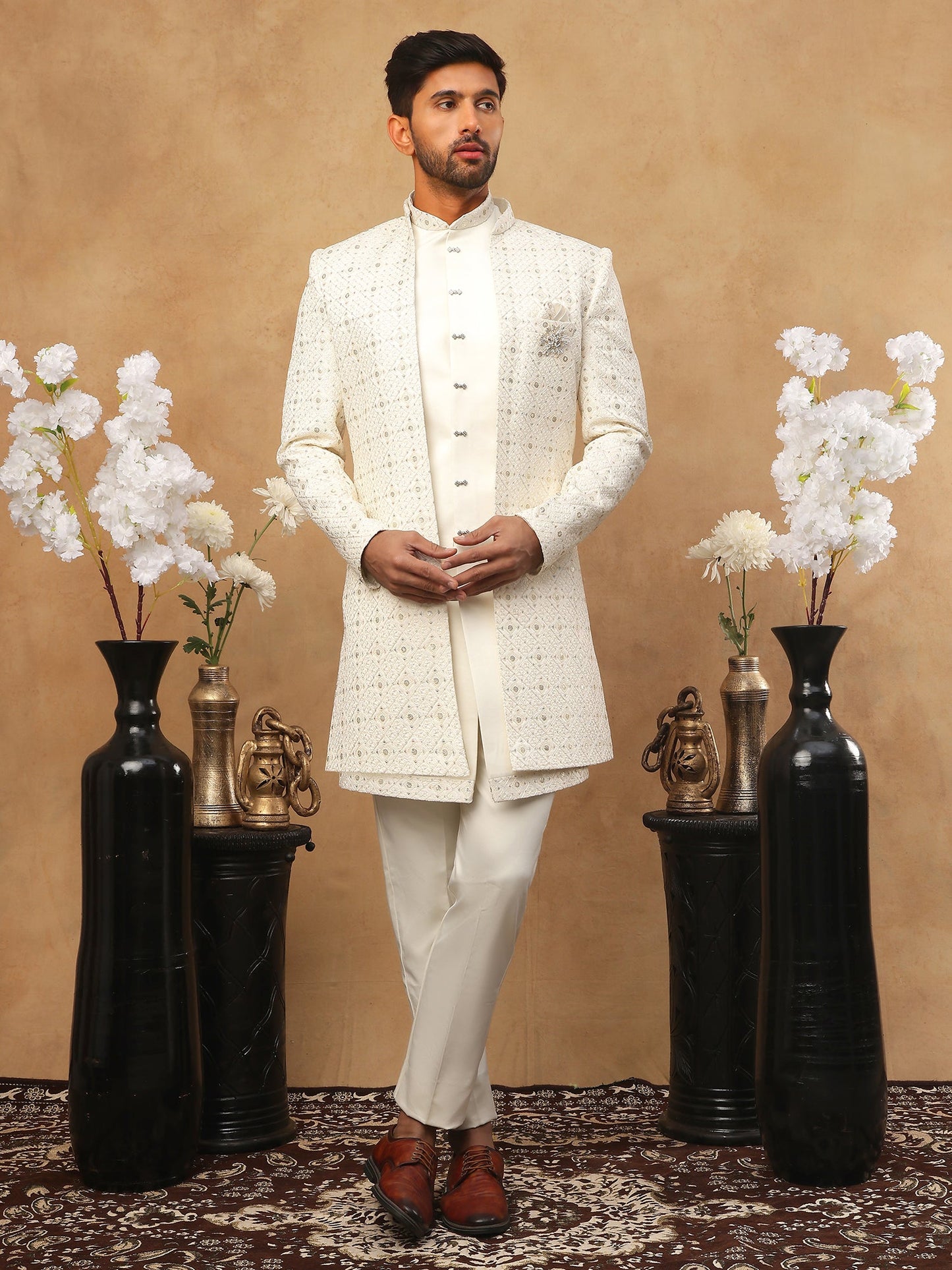 Men's Ivory Cream Geometric Sequin Embroidered Indo Western Set ( 50JIND 115 Cream )