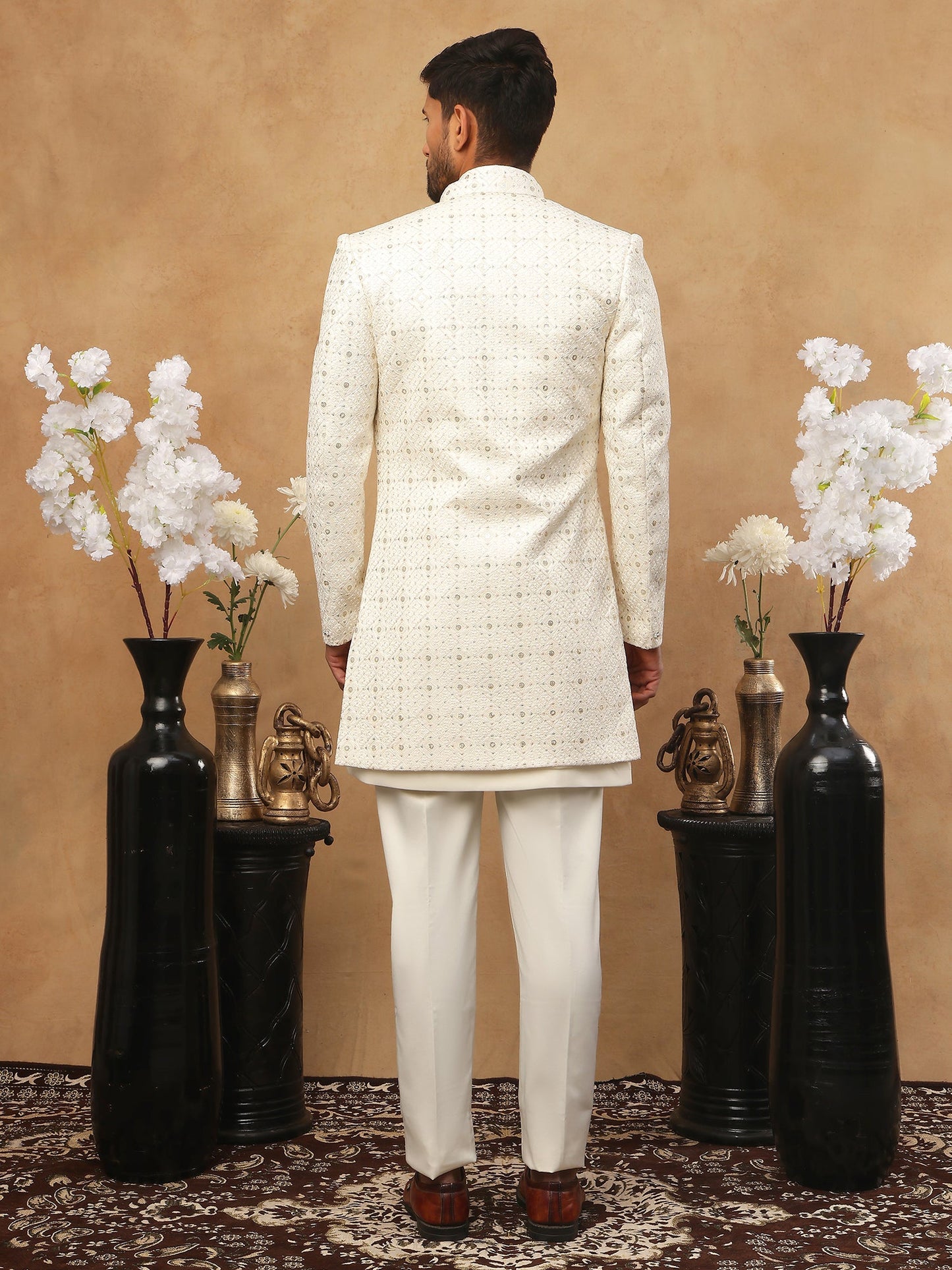 Men's Ivory Cream Geometric Sequin Embroidered Indo Western Set ( 50JIND 115 Cream )
