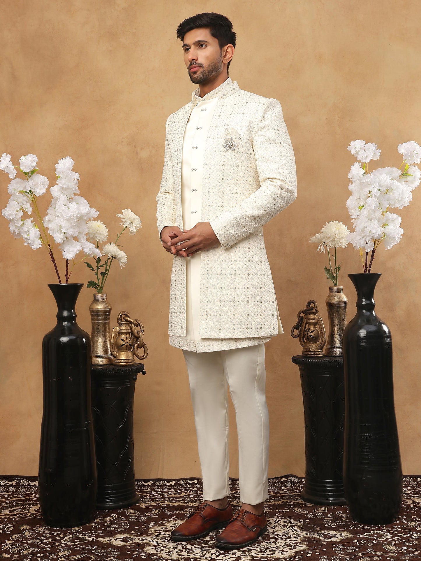 Men's Ivory Cream Geometric Sequin Embroidered Indo Western Set ( 50JIND 115 Cream )