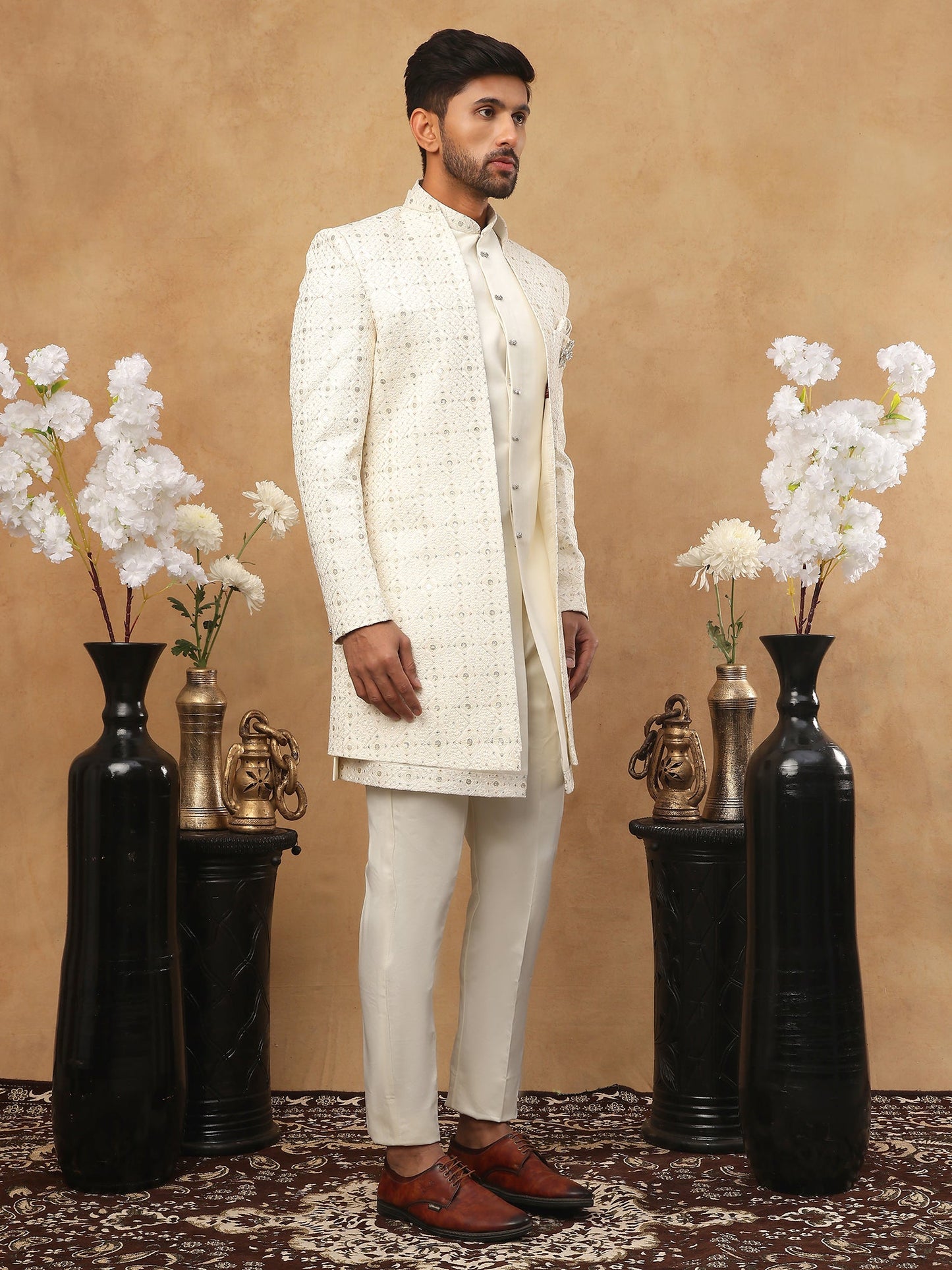 Men's Ivory Cream Geometric Sequin Embroidered Indo Western Set ( 50JIND 115 Cream )