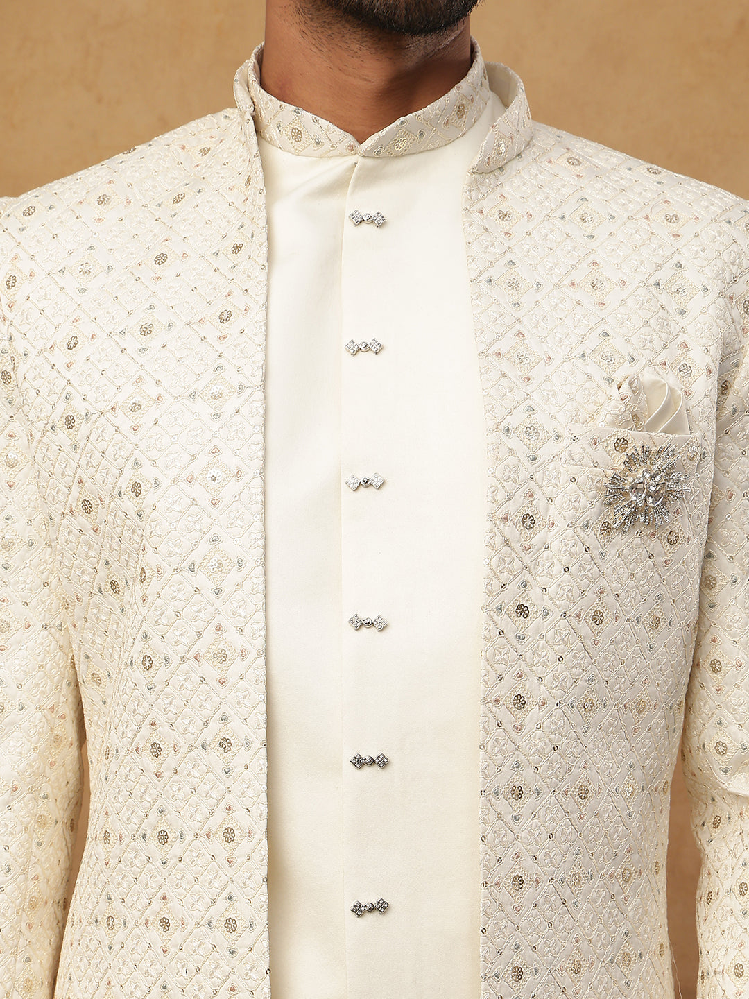 Men's Ivory Cream Geometric Sequin Embroidered Indo Western Set ( 50JIND 115 Cream )