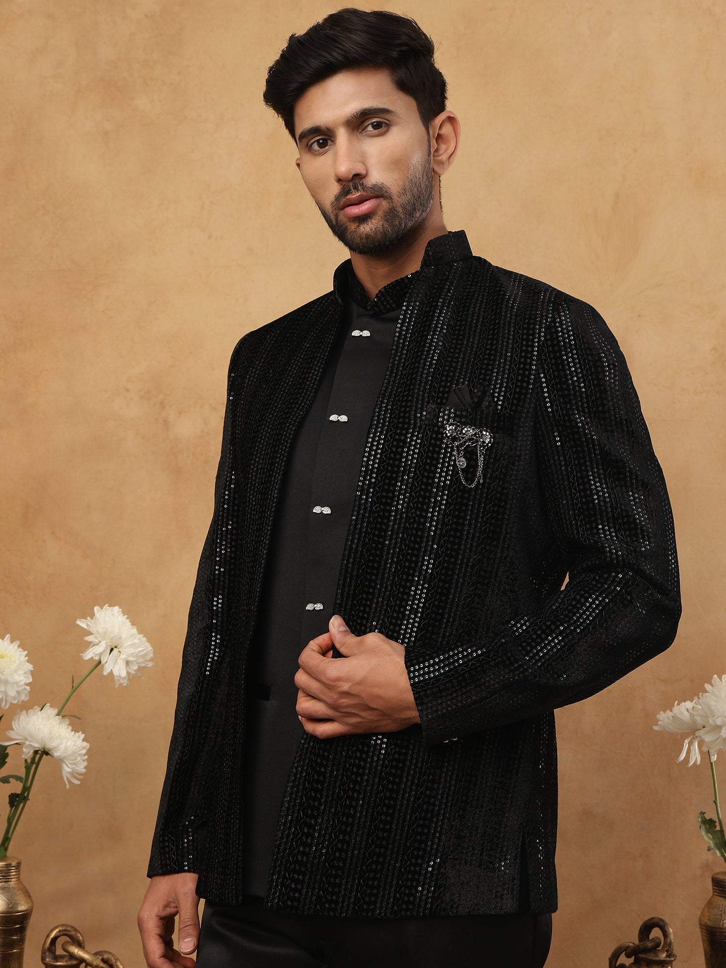 Men's Black Velvet Vertical Sequin Embroidered Indo-Western Set ( 50JIND 116 Black )