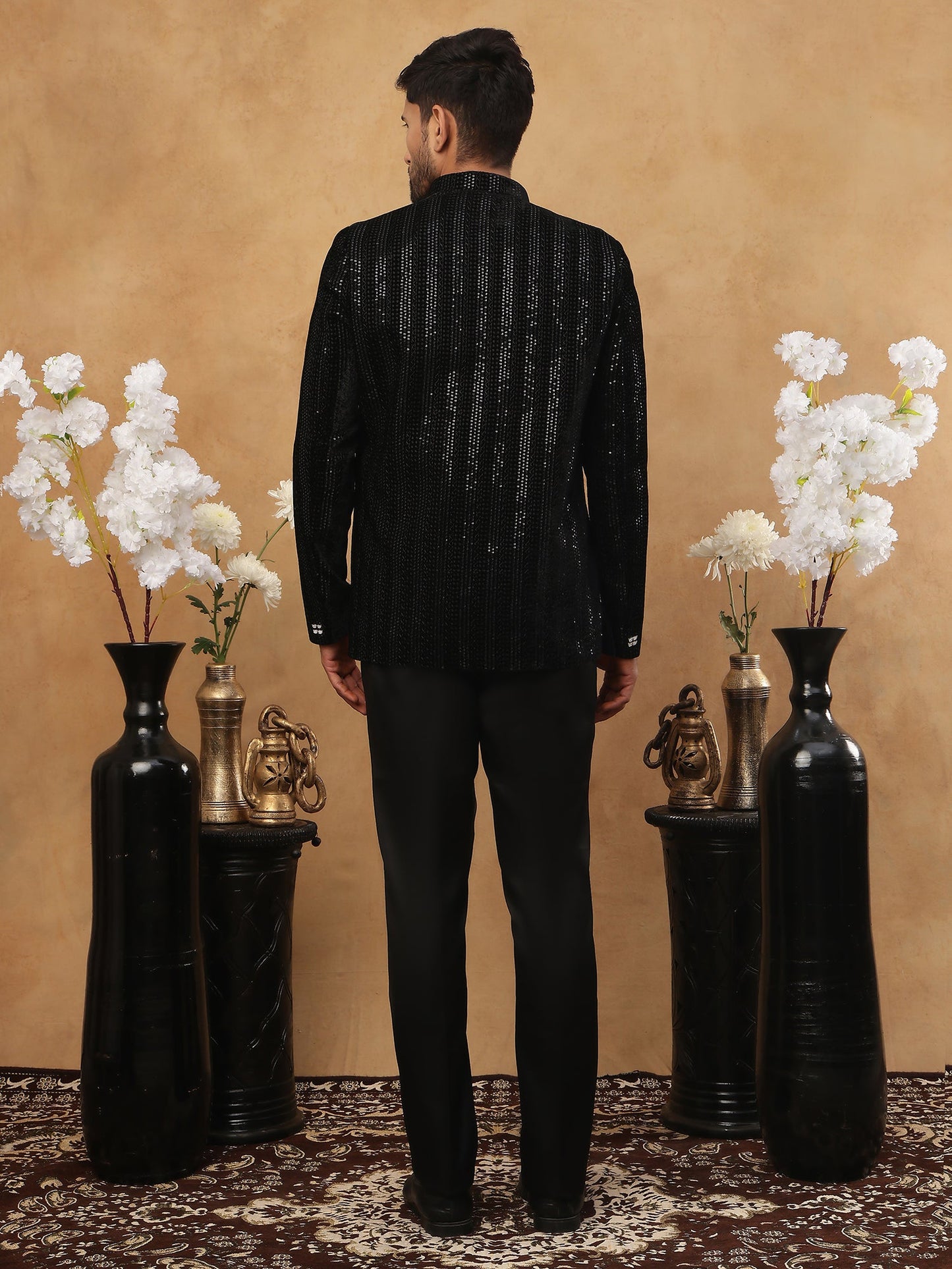 Men's Black Velvet Vertical Sequin Embroidered Indo-Western Set ( 50JIND 116 Black )