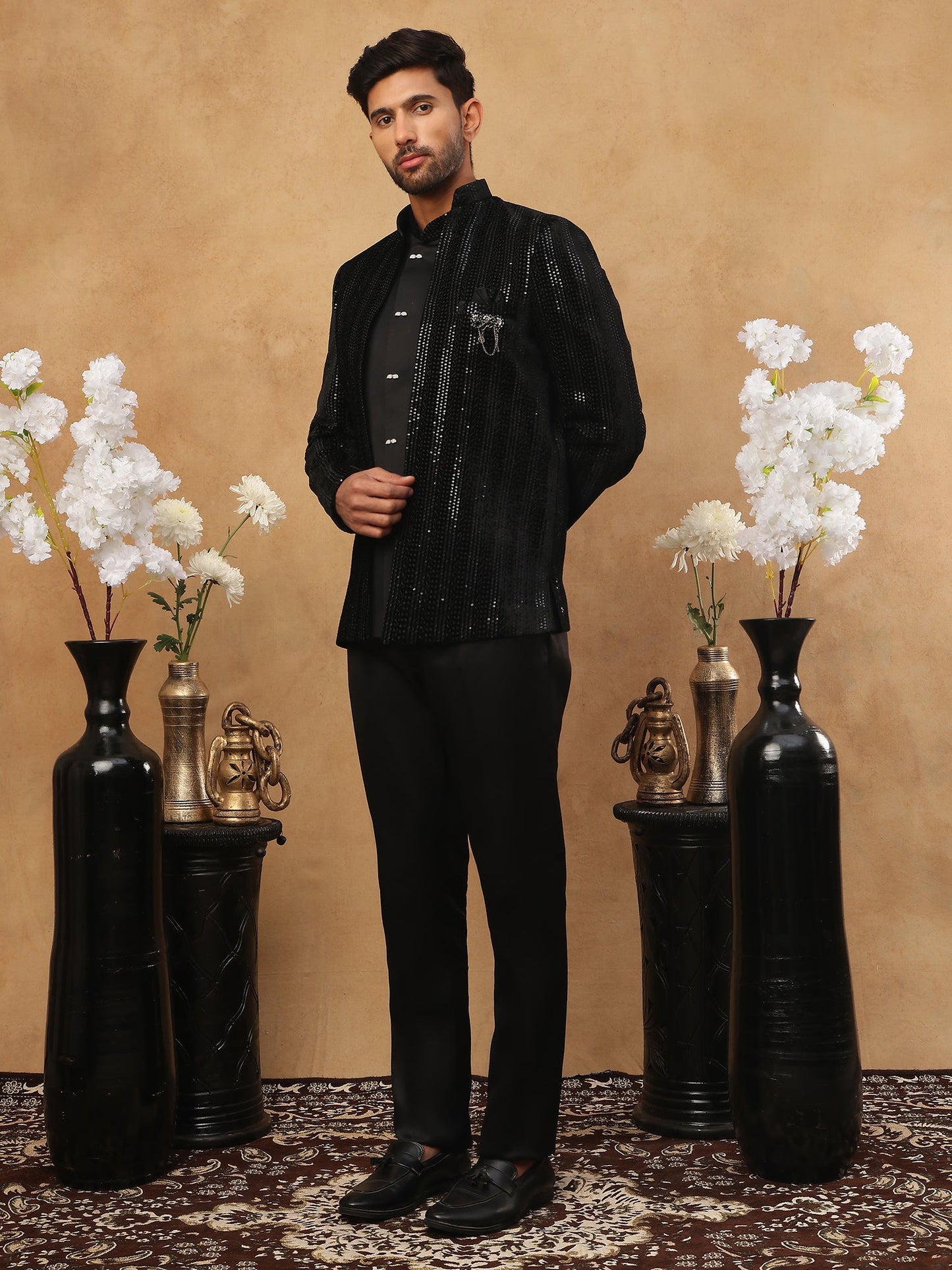 Men's Black Velvet Vertical Sequin Embroidered Indo-Western Set ( 50JIND 116 Black )