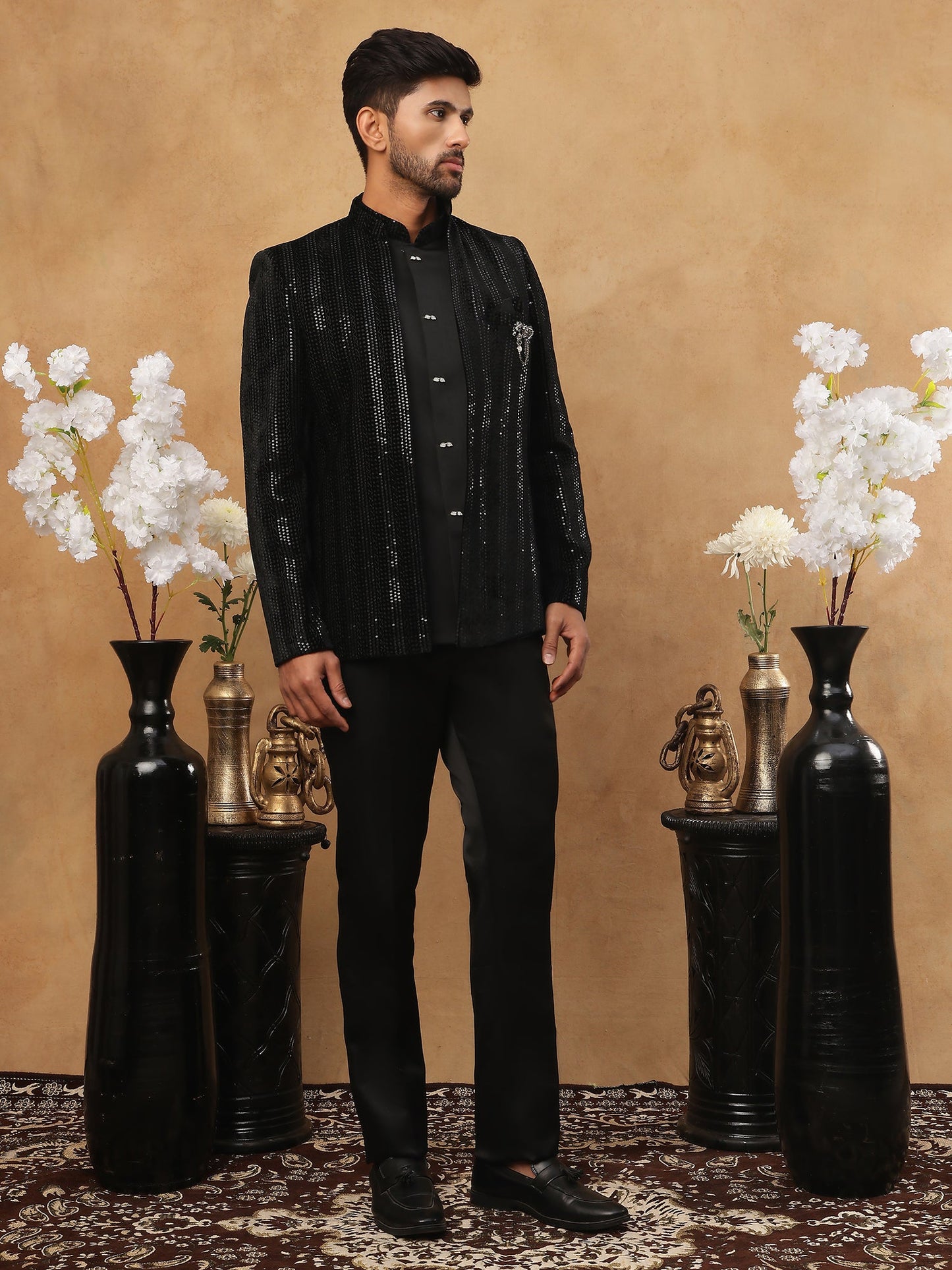 Men's Black Velvet Vertical Sequin Embroidered Indo-Western Set ( 50JIND 116 Black )