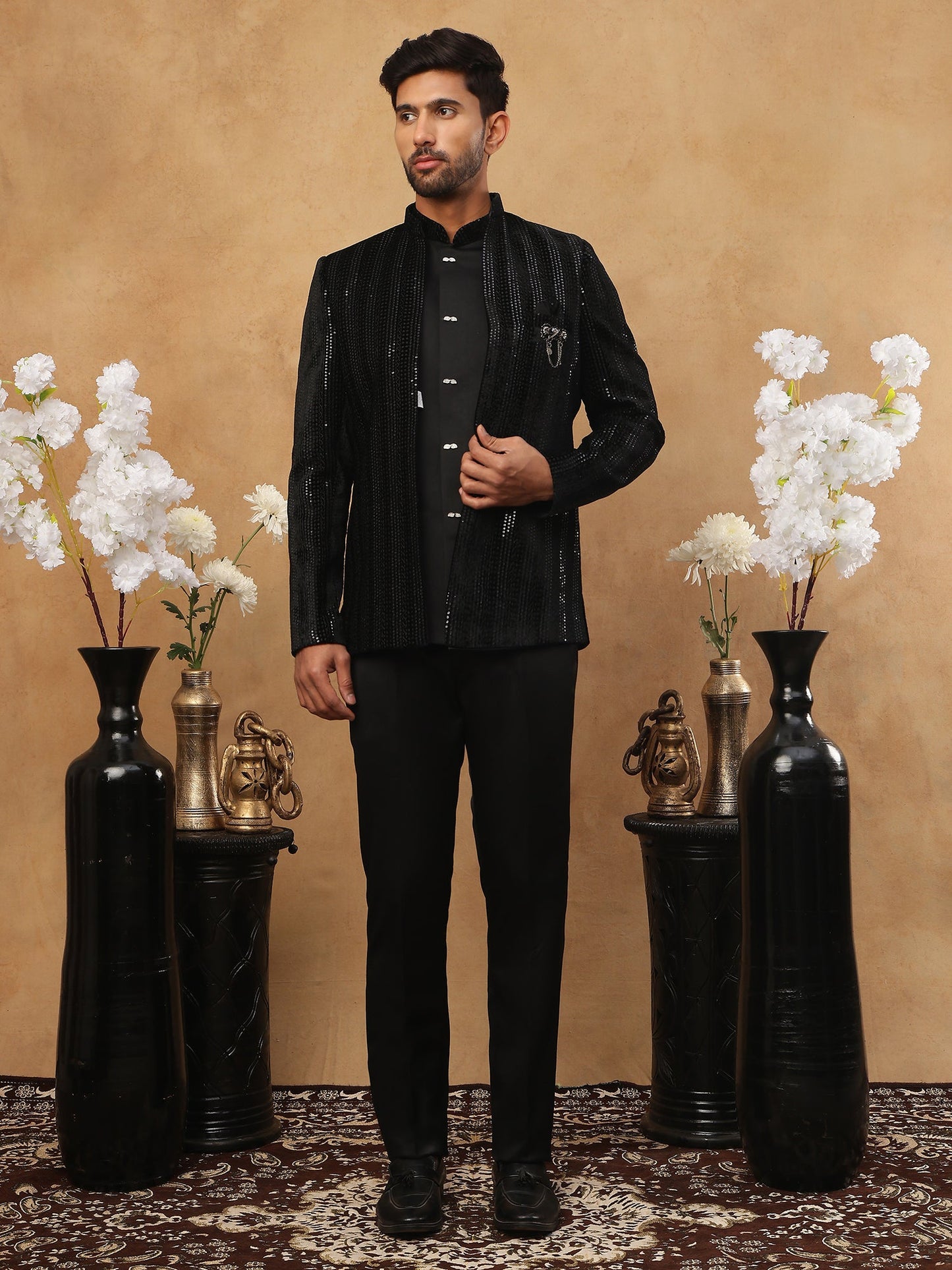 Men's Black Velvet Vertical Sequin Embroidered Indo-Western Set ( 50JIND 116 Black )