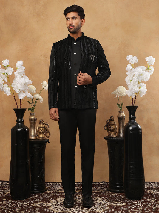 Men's Black Velvet Vertical Sequin Embroidered Indo-Western Set ( 50JIND 116 Black )