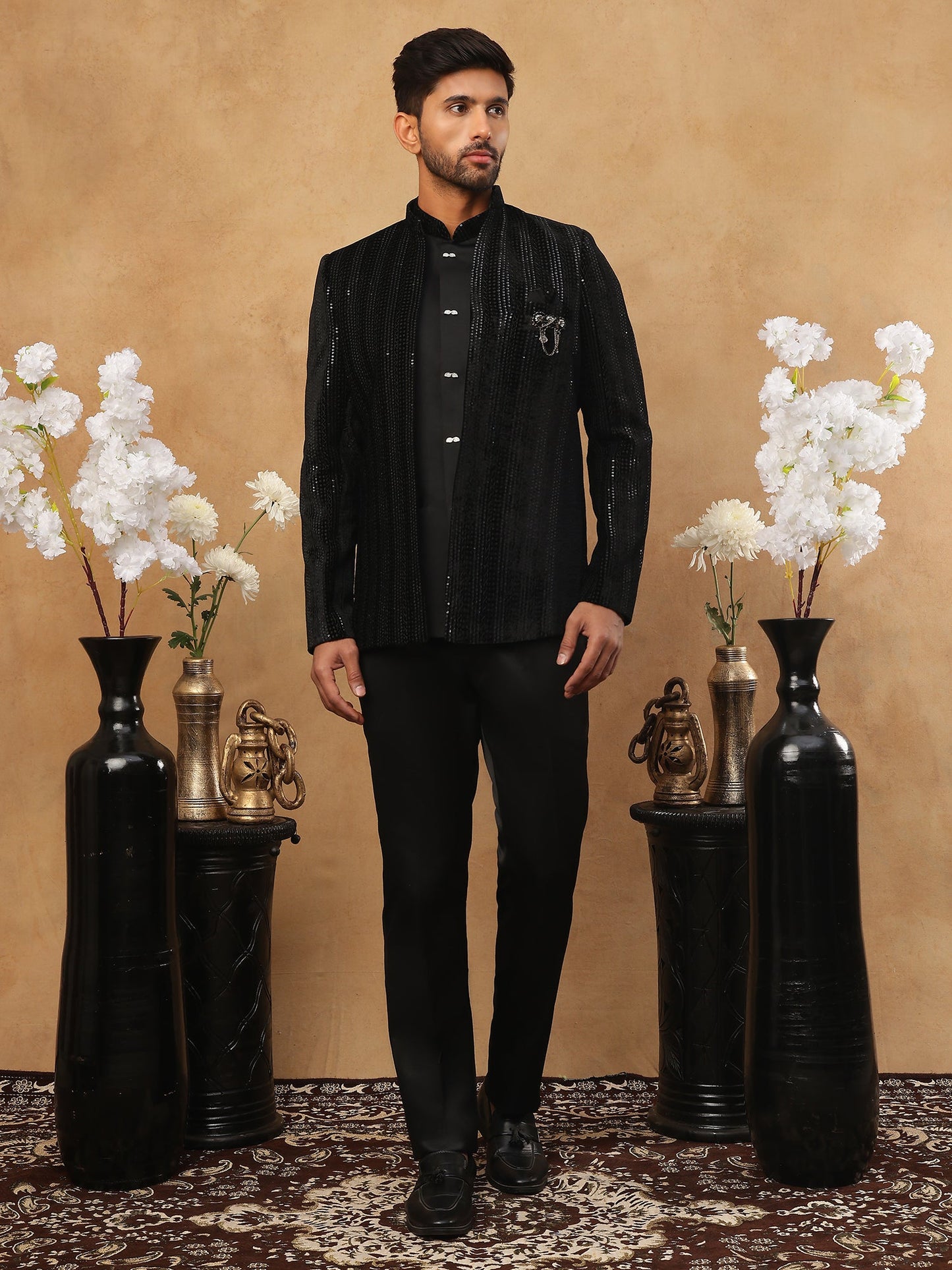 Men's Black Velvet Vertical Sequin Embroidered Indo-Western Set ( 50JIND 116 Black )