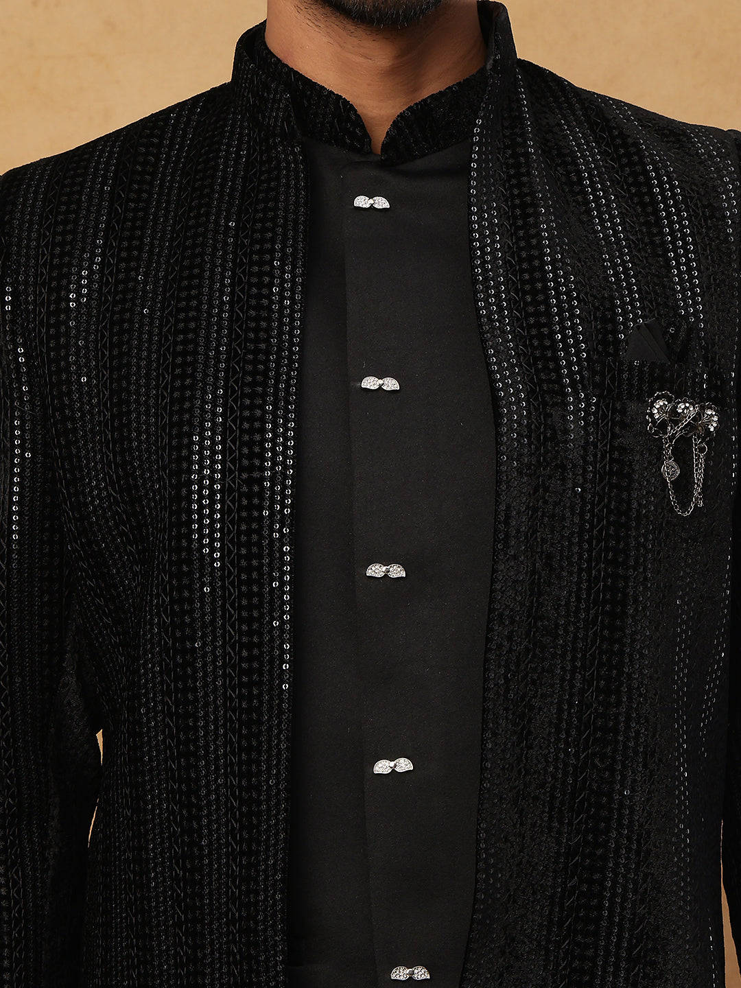 Men's Black Velvet Vertical Sequin Embroidered Indo-Western Set ( 50JIND 116 Black )