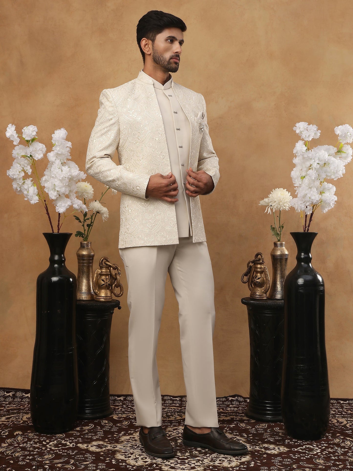 Men's Cream Tonal Floral Embroidered Indo-Western Set ( 50JIND 114 Cream )