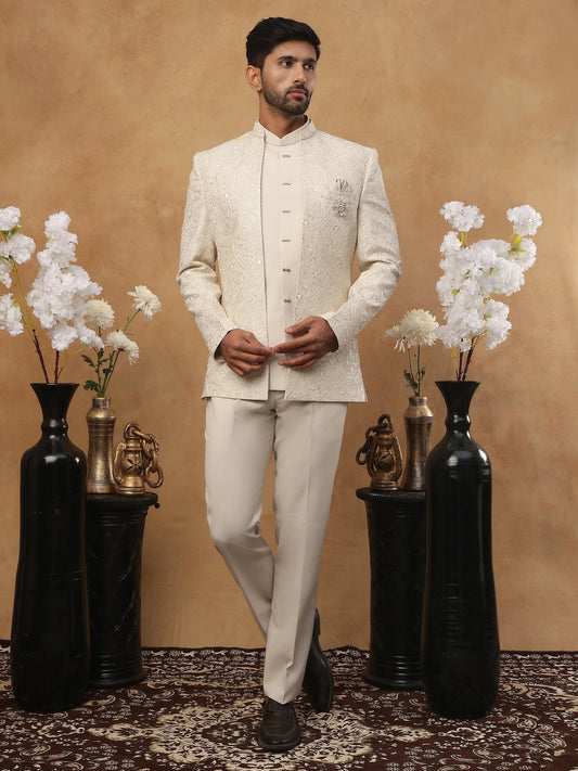 Men's Cream Tonal Floral Embroidered Indo-Western Set ( 50JIND 114 Cream )