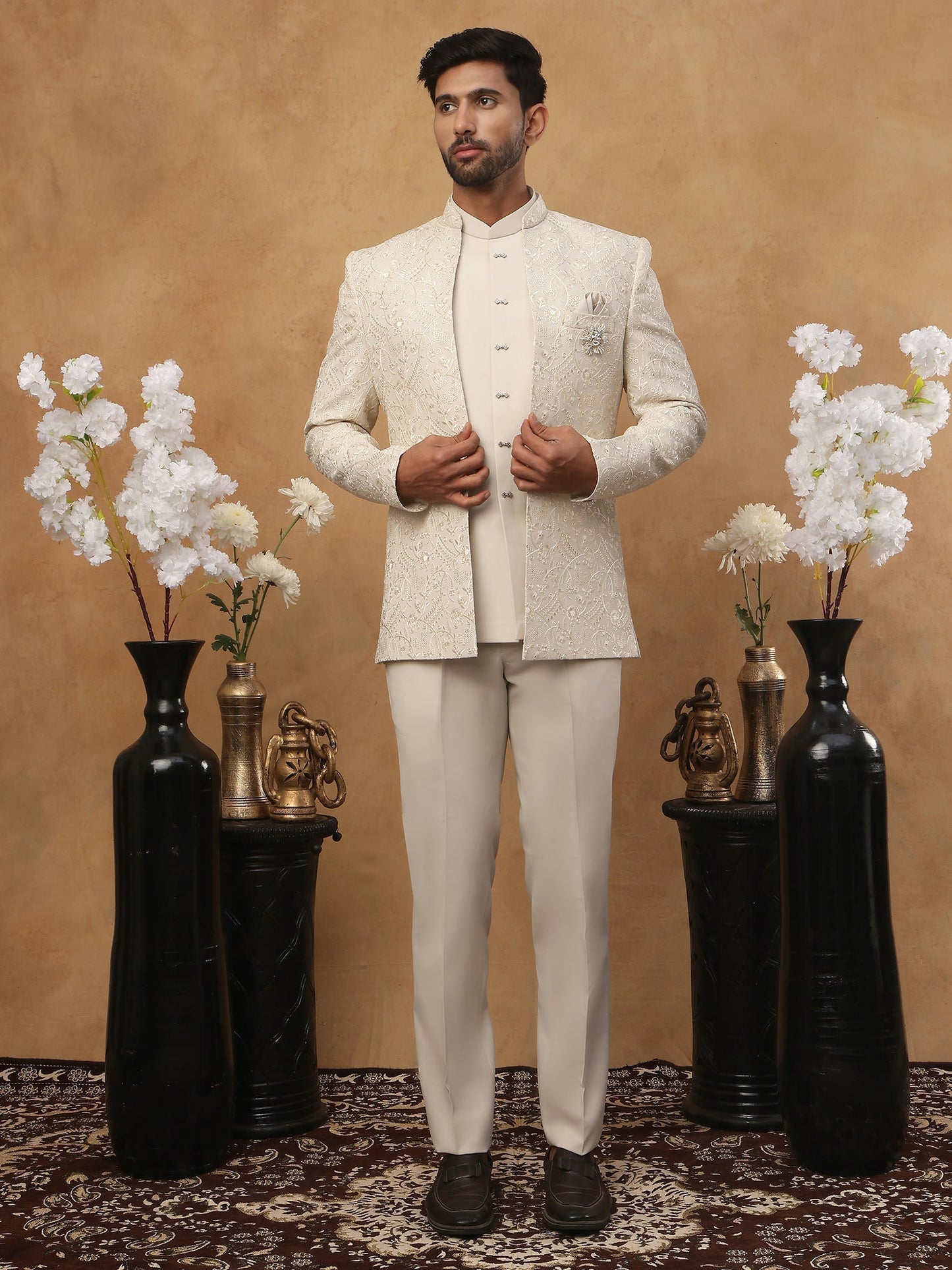 Men's Cream Tonal Floral Embroidered Indo-Western Set ( 50JIND 114 Cream )