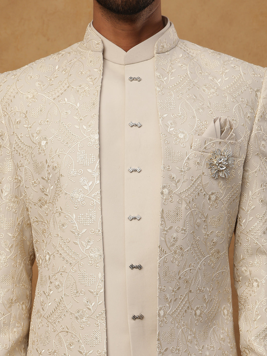 Men's Cream Tonal Floral Embroidered Indo-Western Set ( 50JIND 114 Cream )