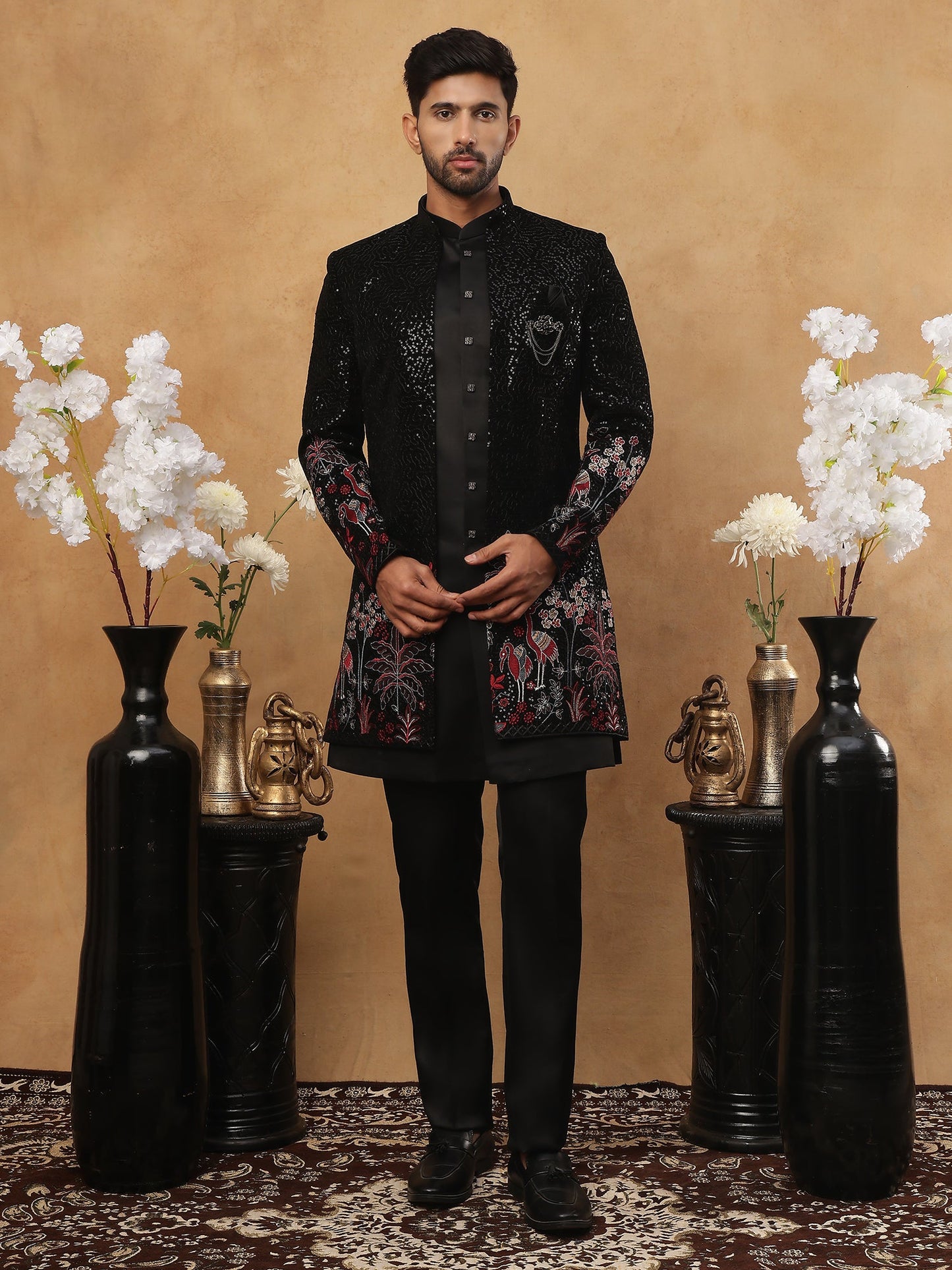 Men's Black Velvet Indo-Western Set ( 50JIND 118 Black )