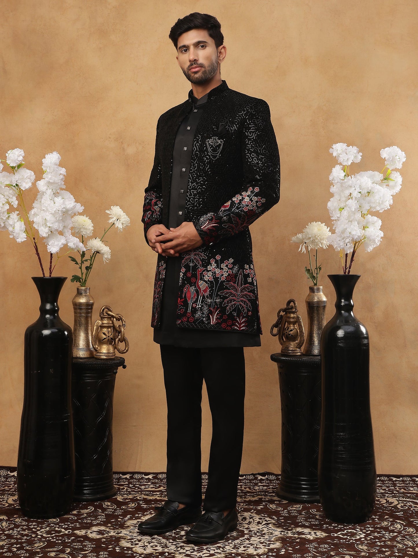 Men's Black Velvet Indo-Western Set ( 50JIND 118 Black )