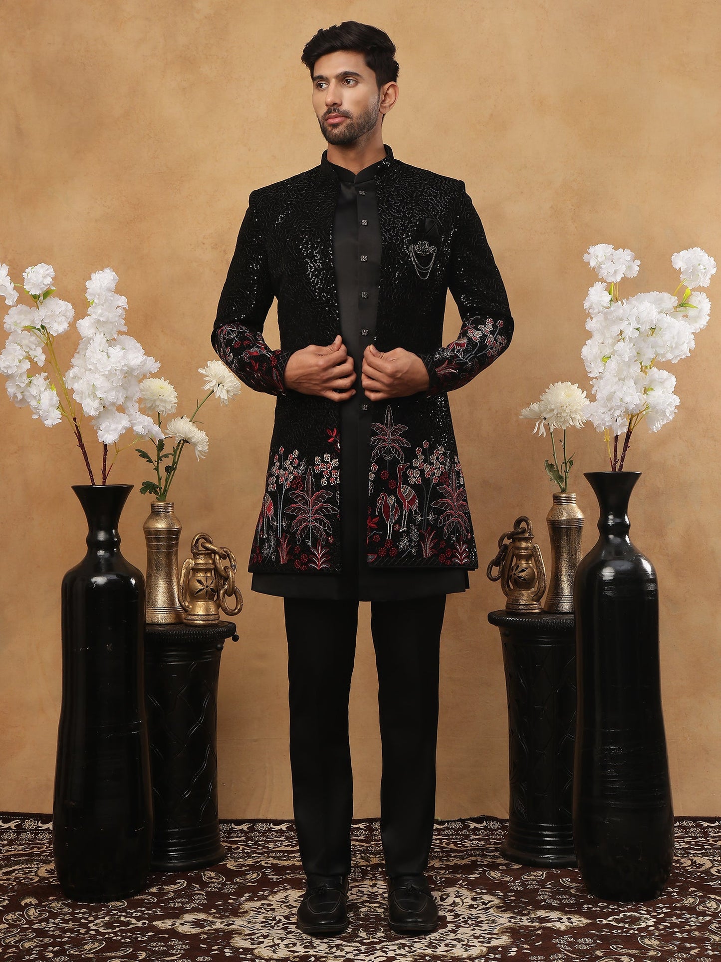 Men's Black Velvet Indo-Western Set ( 50JIND 118 Black )